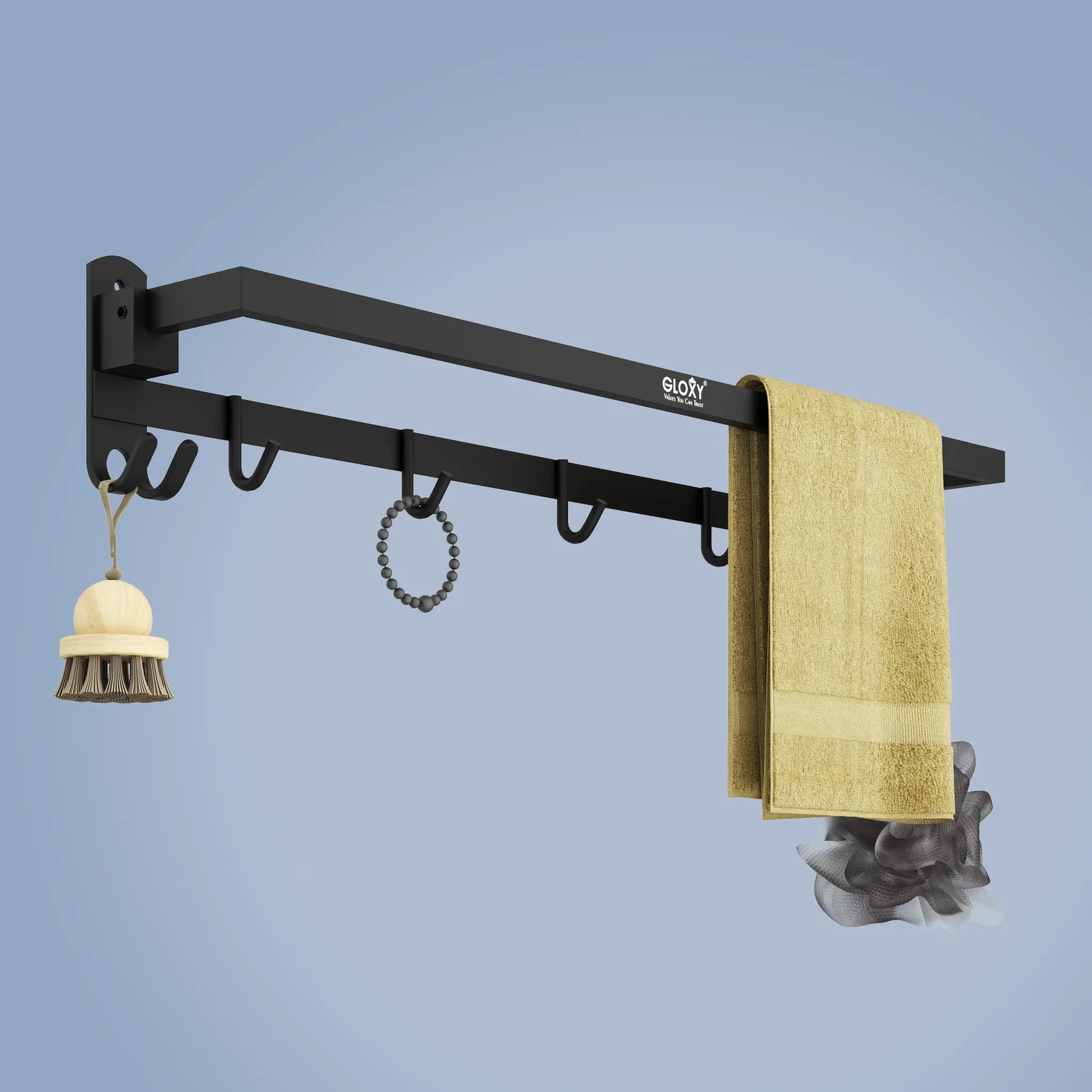 Gloxy Rectangular Shape Stainless Steel Black Finish Folding Towel Bars And Hooks – 24 Inch