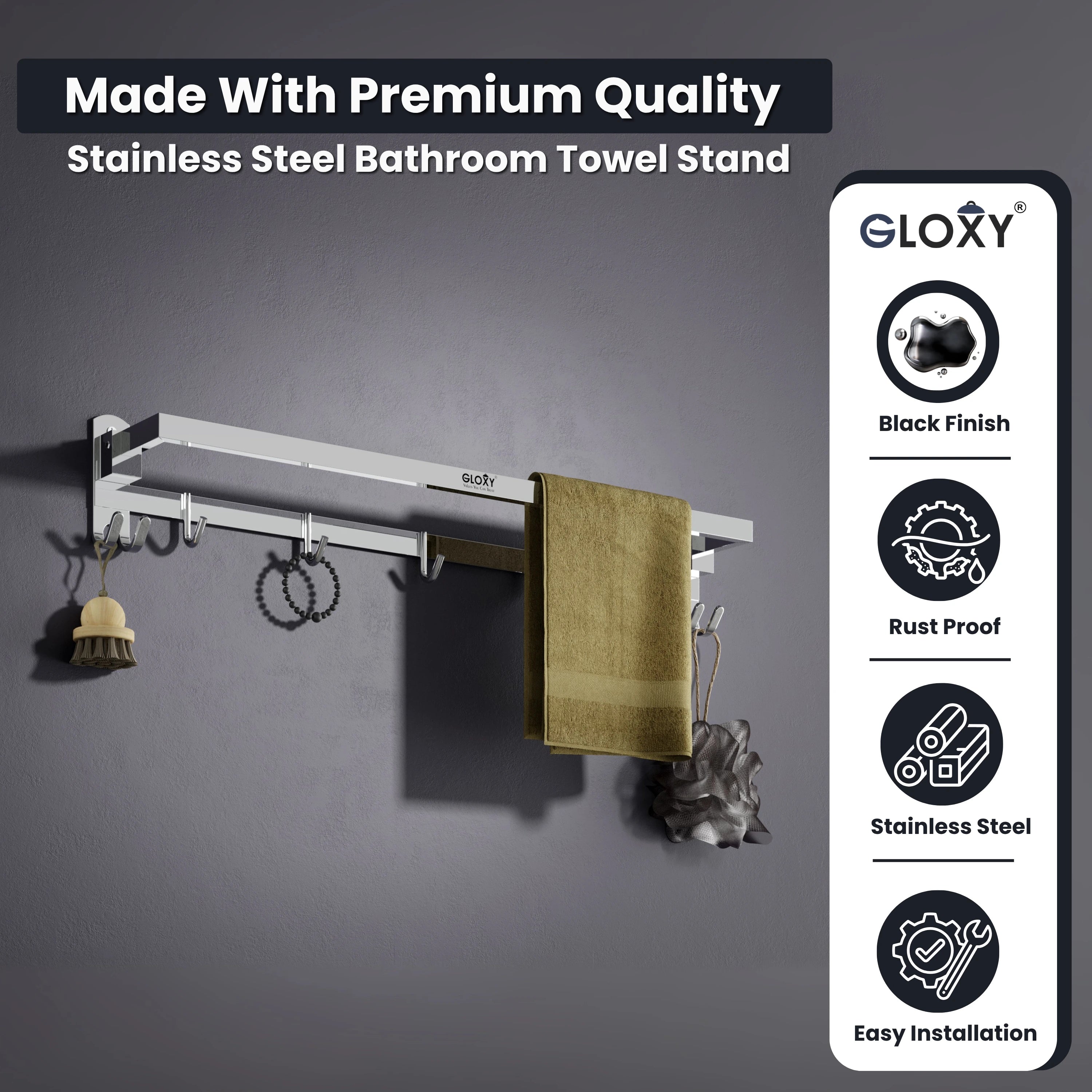 Gloxy Rectangular Shape Chrome Finish Folding Stainless Steel Towel Bar with Hooks – 24 Inch