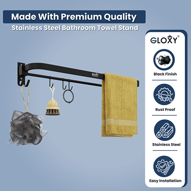 Gloxy Round Shape Stainless Steel Black Finish Folding Towel Rod with Hooks – 24 Inch
