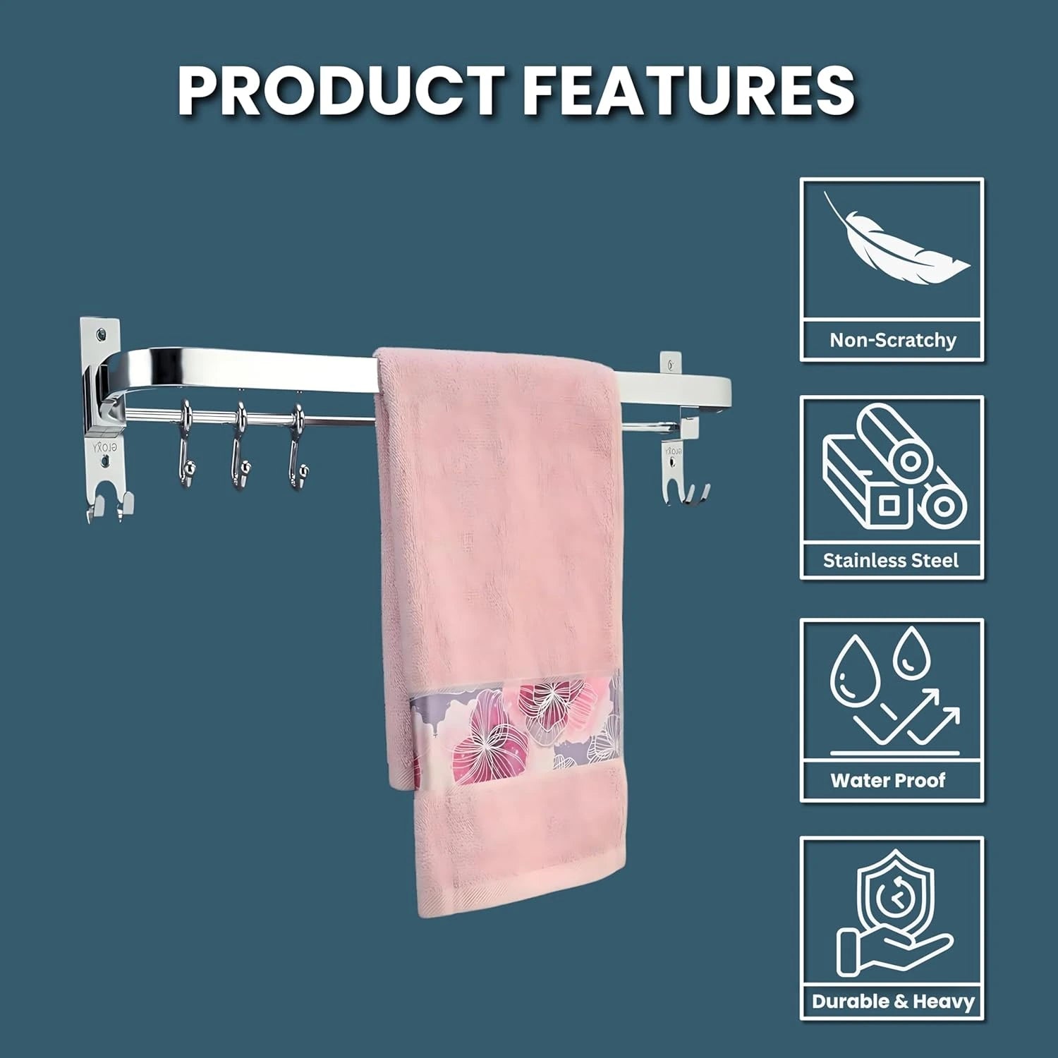 Gloxy Round Shape Stainless Steel Chrome Finish Folding Towel Rod with Adjustable Hooks – 24 Inch