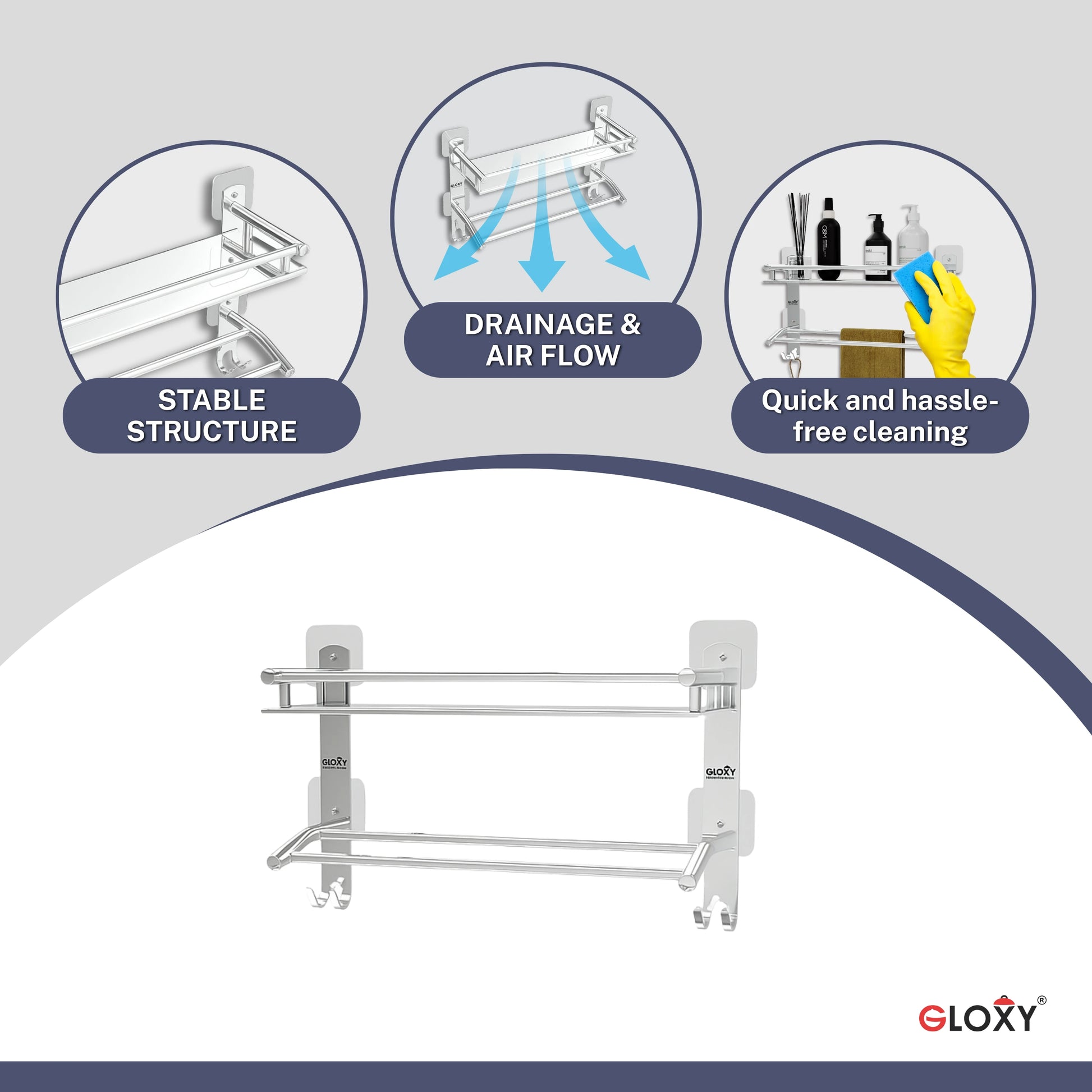 Gloxy Stainless Steel 2-Layer Chrome Finish Bathroom Shelf with Towel Rod & Hooks-Adhesive Sticker Installation