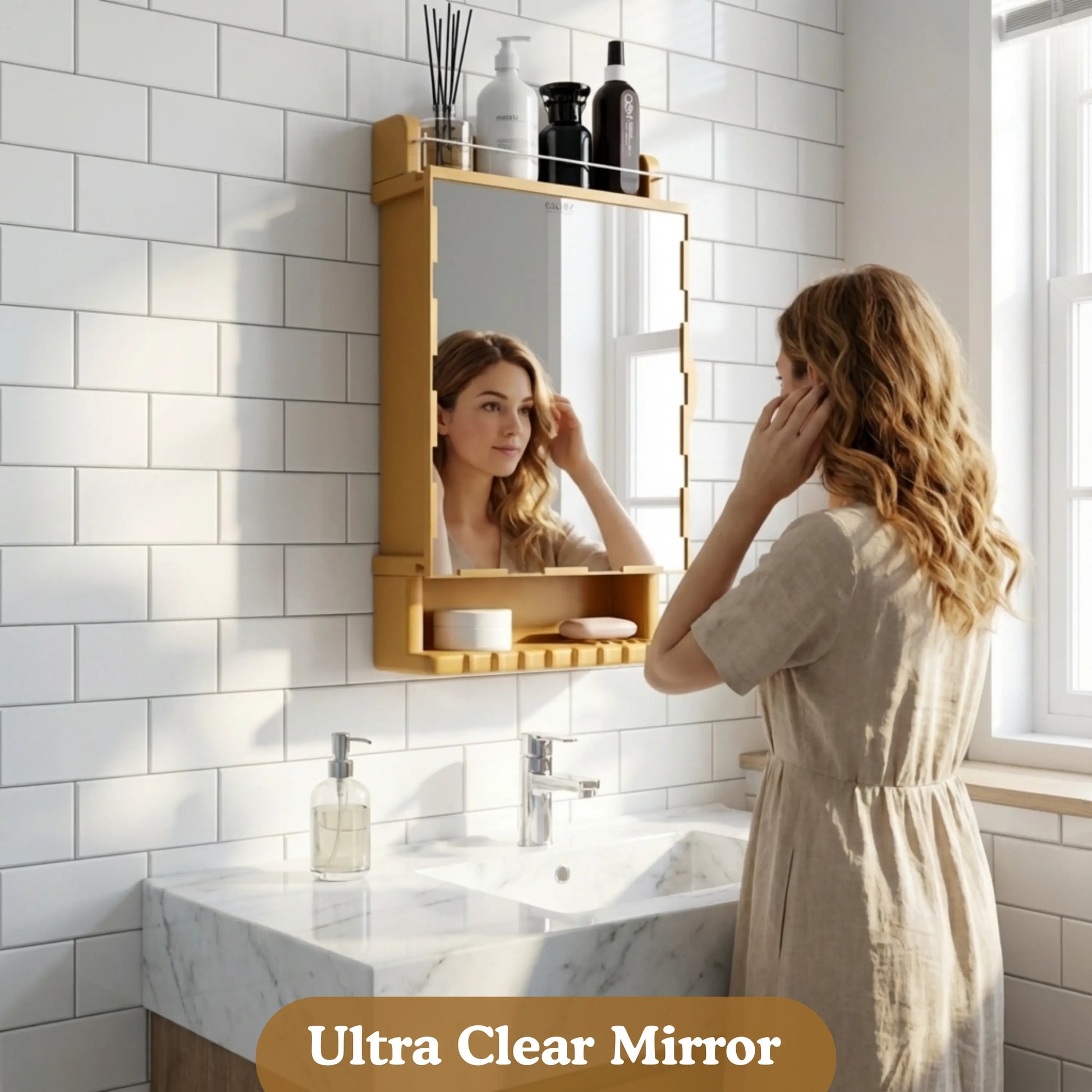 Woman adjusting her hair in front of a wooden-framed mirror in a bathroom.