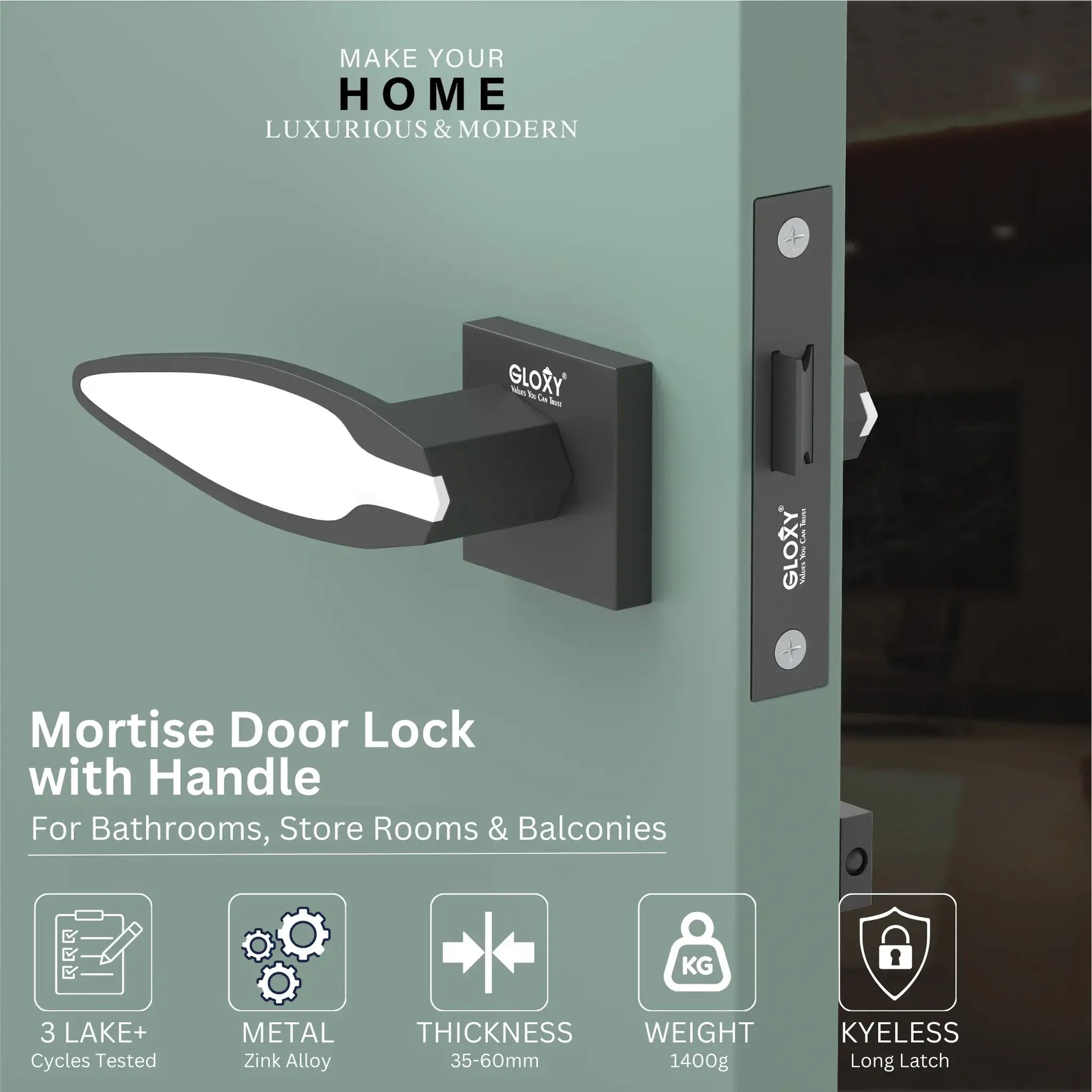 GLOXY Brass Door Lock for Balcony Store Room Door Lock, Mortise Keyless Handle Set with Brass Baby Latch for Home,Office,Hotel | Gold & Black Finish (2 Years Warranty, Pack of 1)