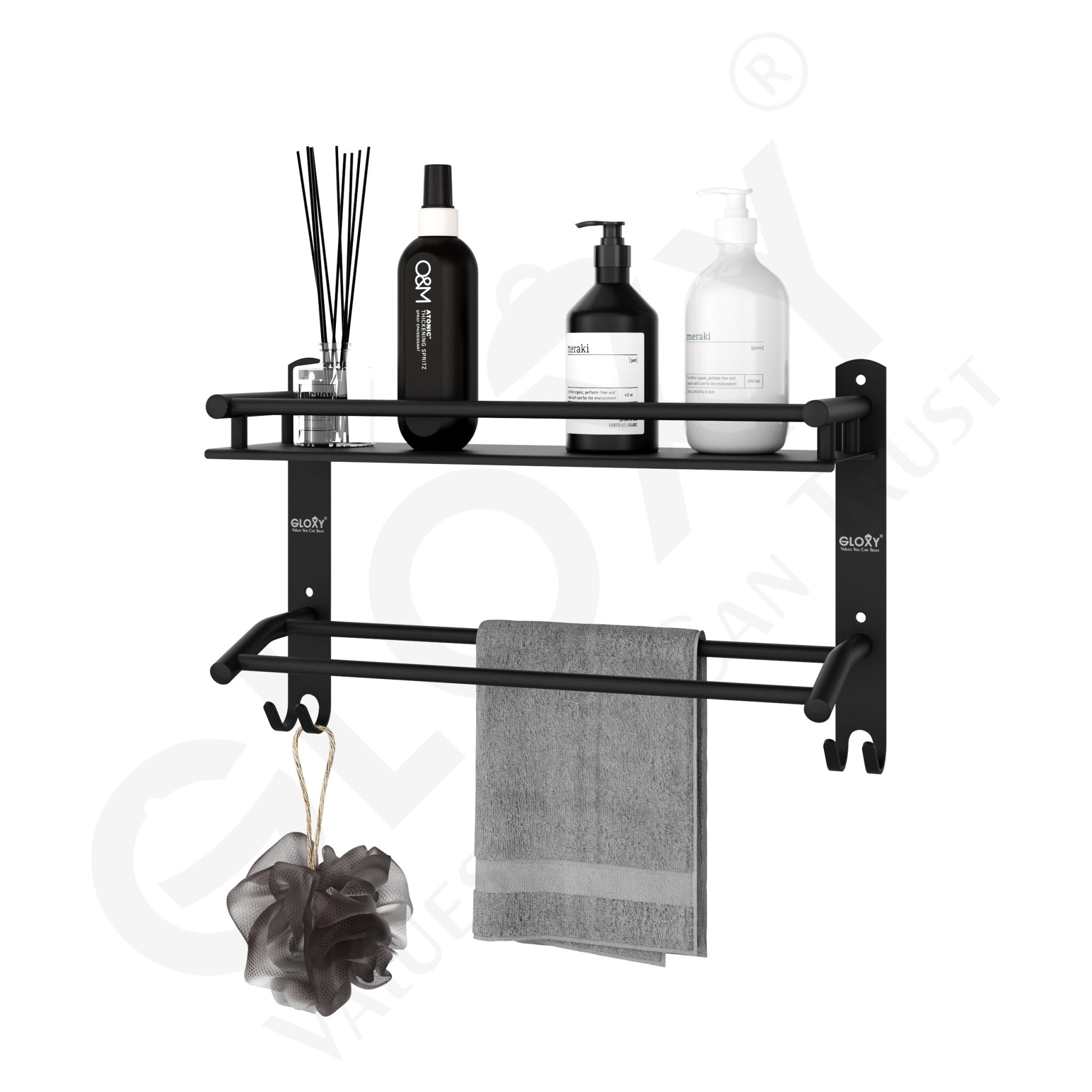 Gloxy Stainless Steel 1-Layer Black Finish Bathroom Shelf with Towel Rod