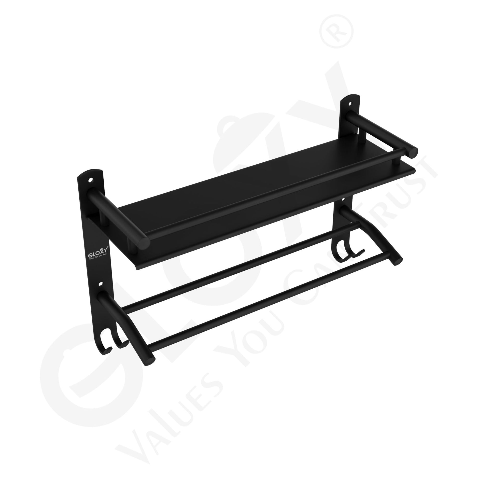 Gloxy Stainless Steel 1-Layer Black Finish Bathroom Shelf with Towel Rod
