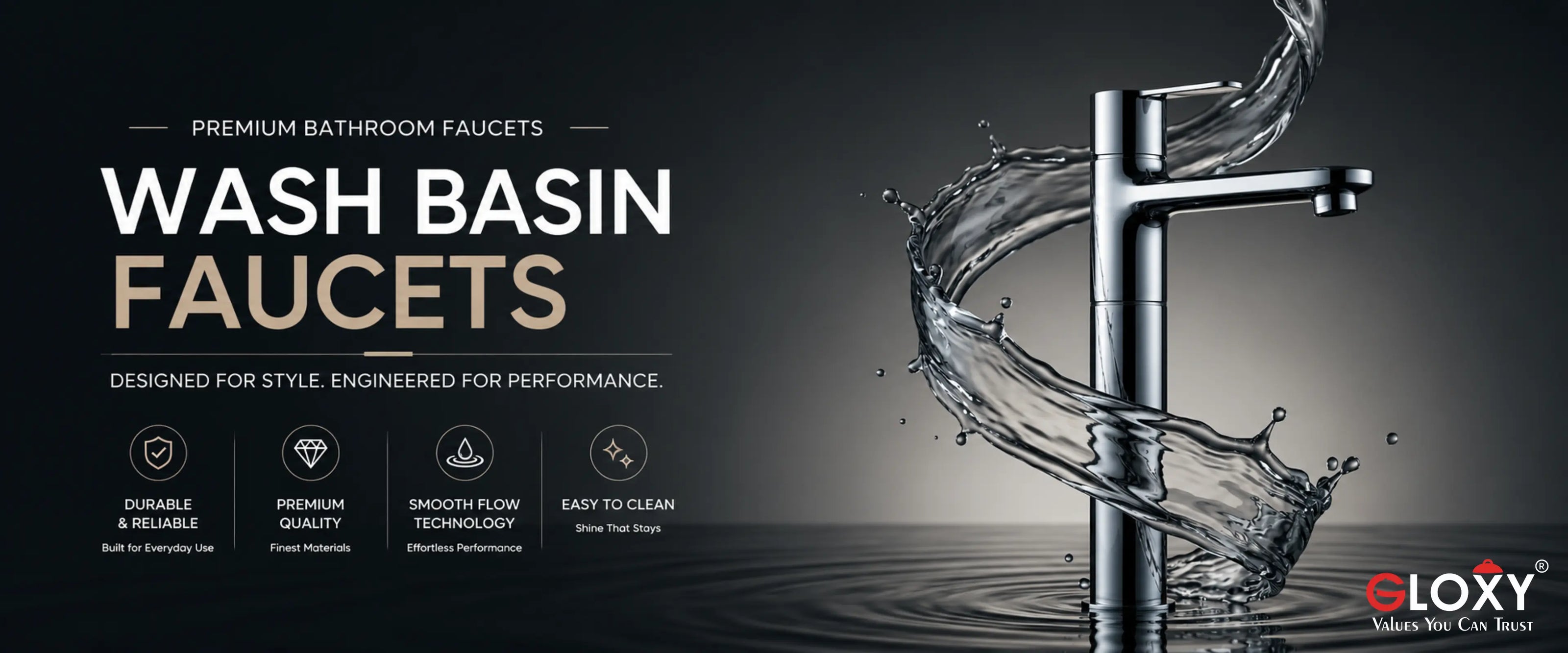 Promotional graphic for a chrome bathroom faucet with a dramatic water splash, on a dark background with text reading 'Wash Basin Faucets' and the brand name Gloxy.