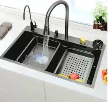 GLOXY Fully Equipped Kitchen Sink with Integrated Waterfall and Pull-Down / 202 Grade Stainless Steel Sink with LED Panel and Digital Display Under Counter Basin  (Black)