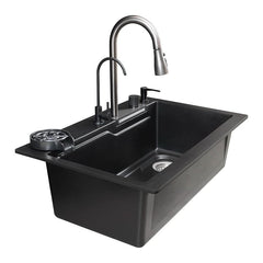 GLOXY Fully Equipped Kitchen Sink with Integrated Waterfall and Pull-Down / 304 Grade Stainless Steel Sink with LED Panel and Digital Display Under Counter Basin  (Black)