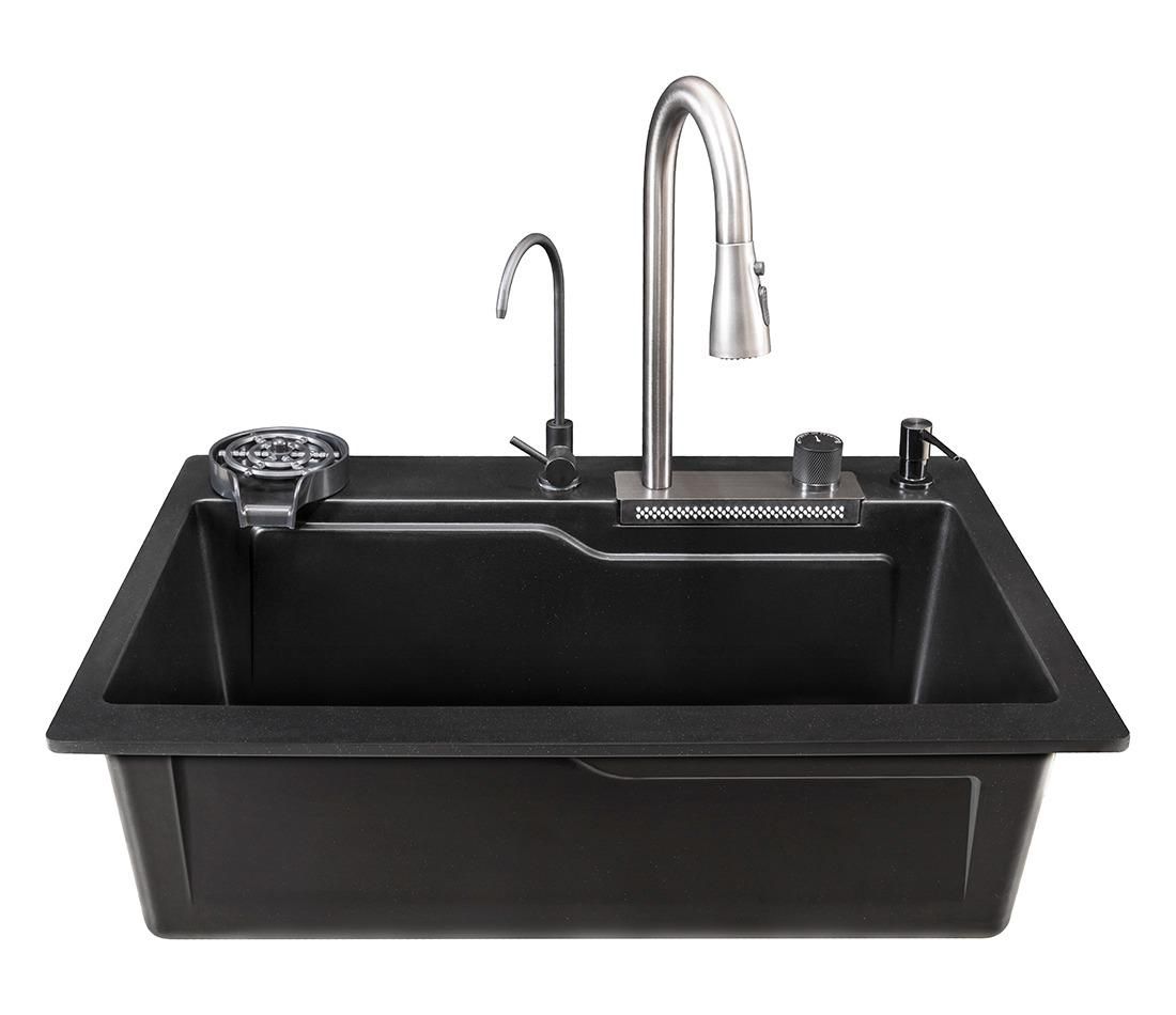 GLOXY Fully Equipped Kitchen Sink with Integrated Waterfall and Pull-Down / 304 Grade Stainless Steel Sink with LED Panel and Digital Display Under Counter Basin  (Black)