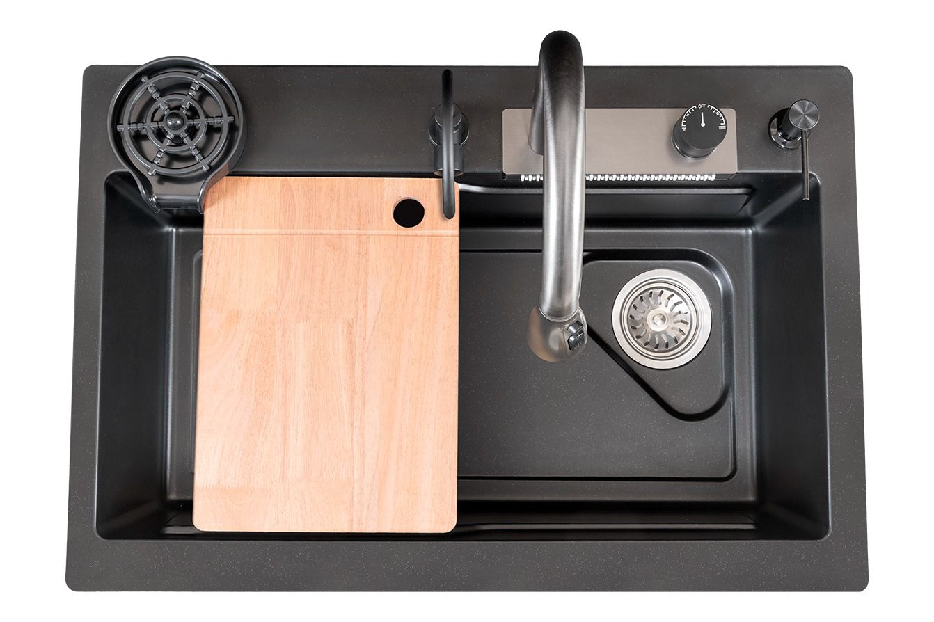 GLOXY Fully Equipped Kitchen Sink with Integrated Waterfall and Pull-Down / 202 Grade Stainless Steel Sink with LED Panel and Digital Display Under Counter Basin  (Black)
