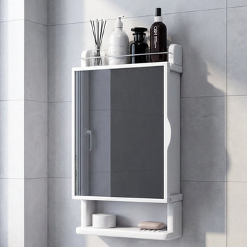 White bathroom cabinet with mirror and shelves against a tiled wall.