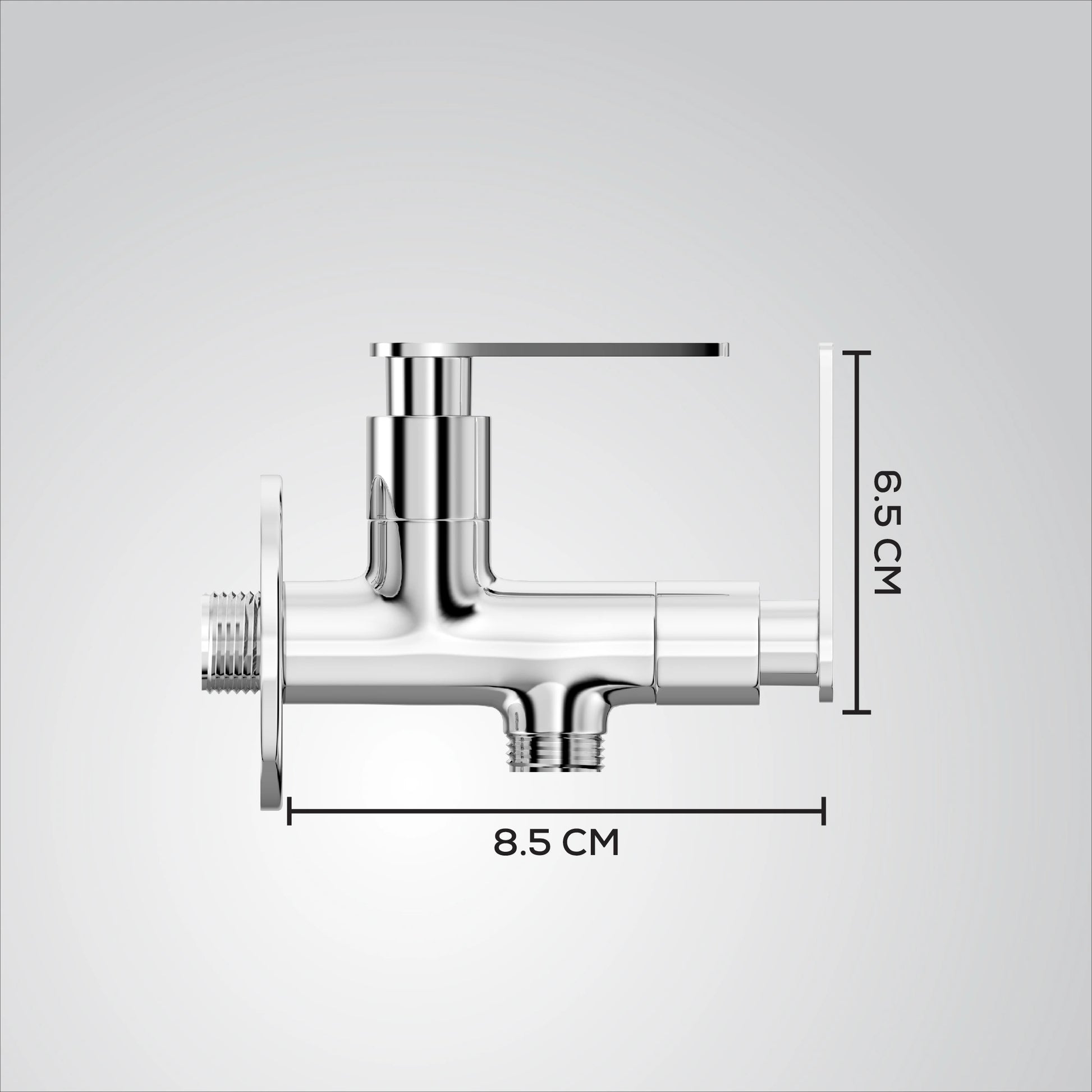 Chrome faucet with labeled dimensions on a gray background