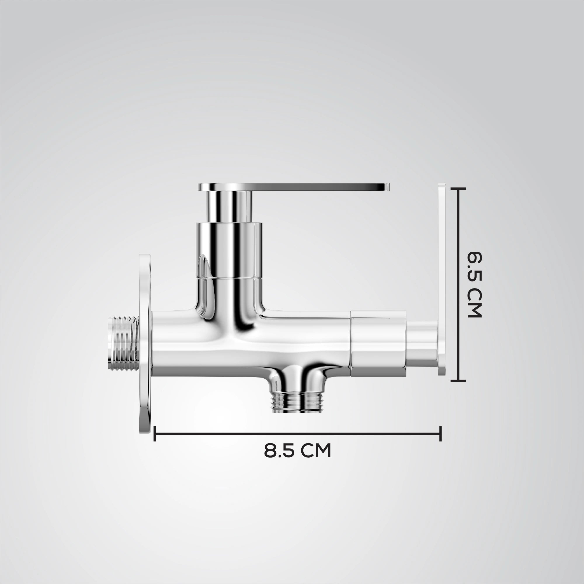 Chrome faucet with labeled dimensions on a gray background