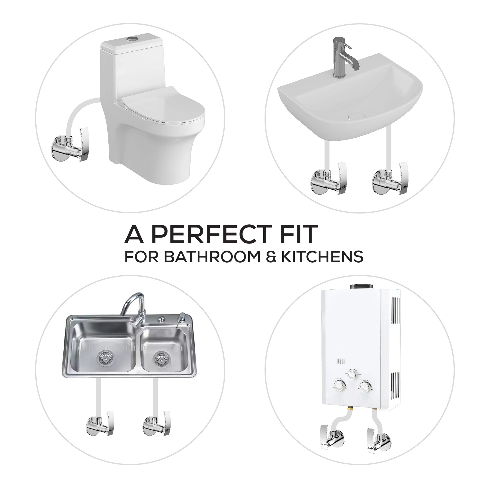 Collage of bathroom and kitchen fixtures with text 'A PERFECT FIT FOR BATHROOM & KITCHENS'.