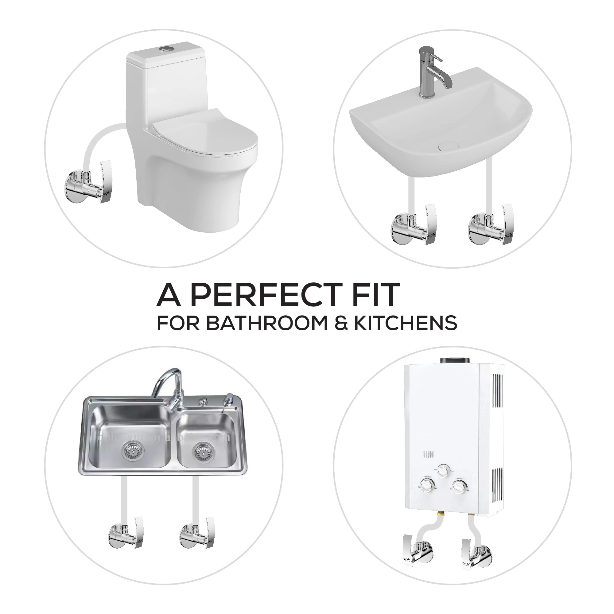 Collage of bathroom and kitchen fixtures with text 'A PERFECT FIT FOR BATHROOM & KITCHENS'.