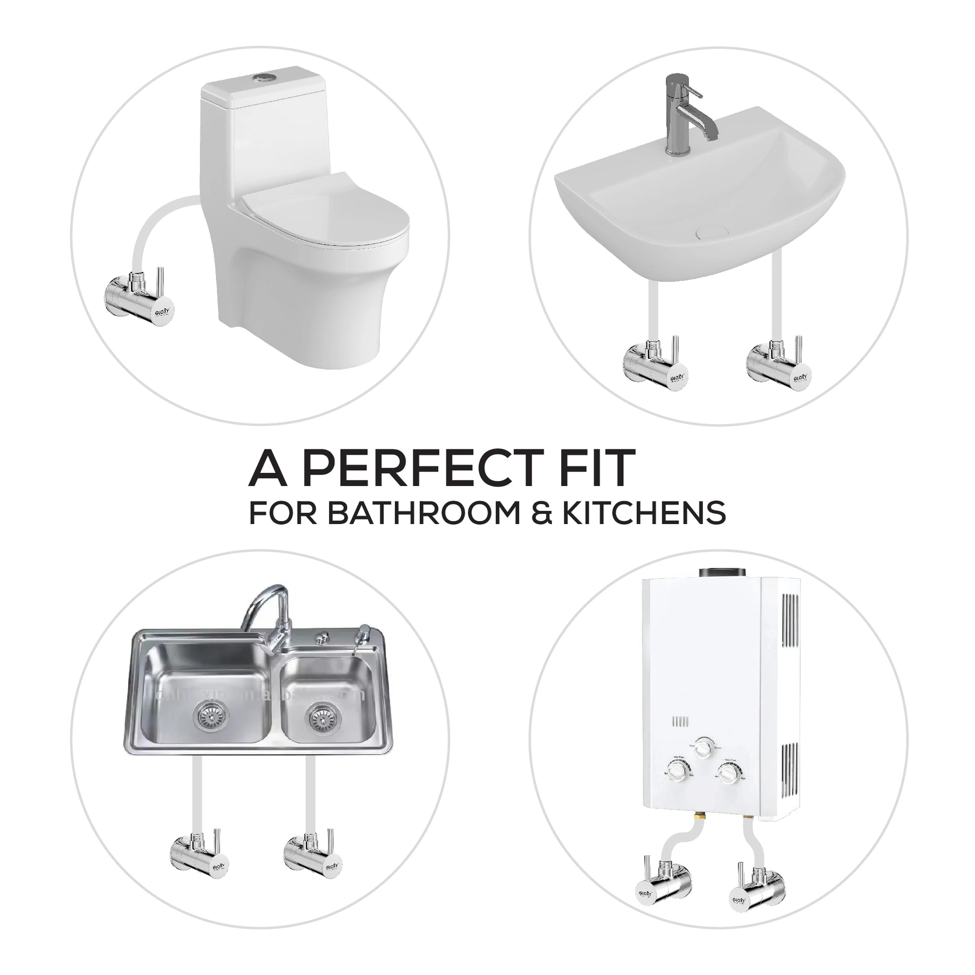 Collage of bathroom and kitchen fixtures with text 'A PERFECT FIT FOR BATHROOM & KITCHENS'.