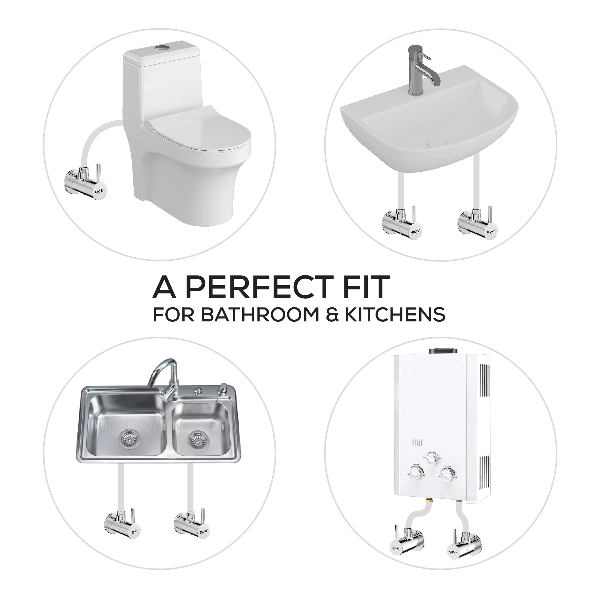 Collage of bathroom and kitchen fixtures with text 'A PERFECT FIT FOR BATHROOM & KITCHENS'.