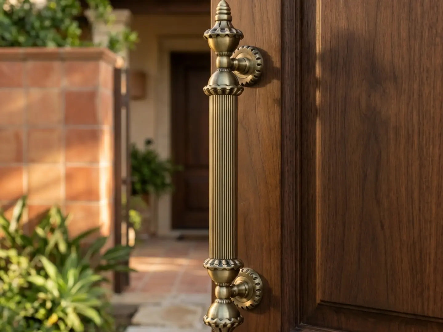 A vertical brass front door handle with decorative fluted detailing and round mounting brackets, shown installed on a dark wood door with a blurred outdoor patio background.