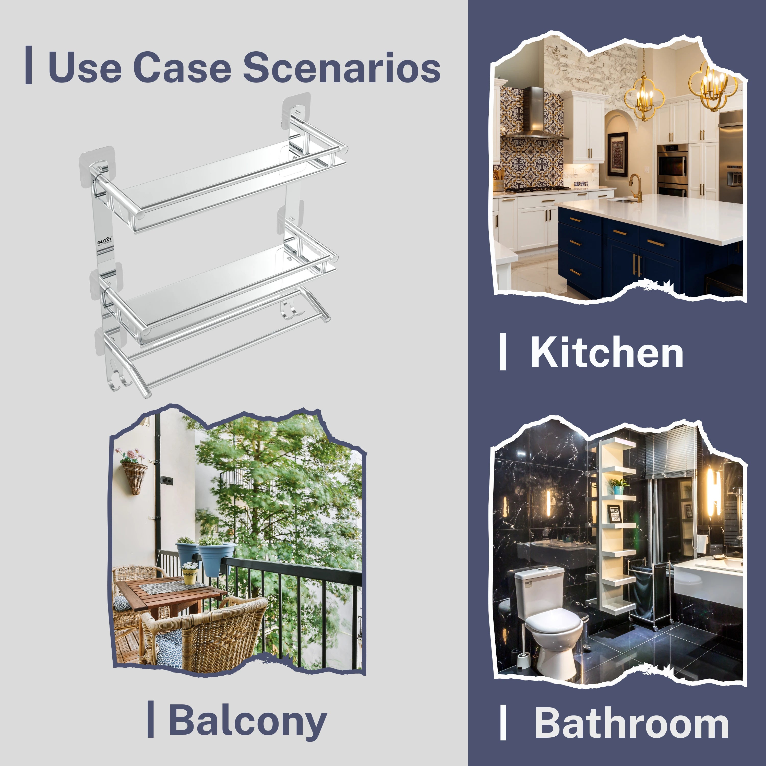 Gloxy Stainless Steel 3-Layer Chrome Finish Bathroom Shelf with Towel Holder-Adhesive Sticker Installation