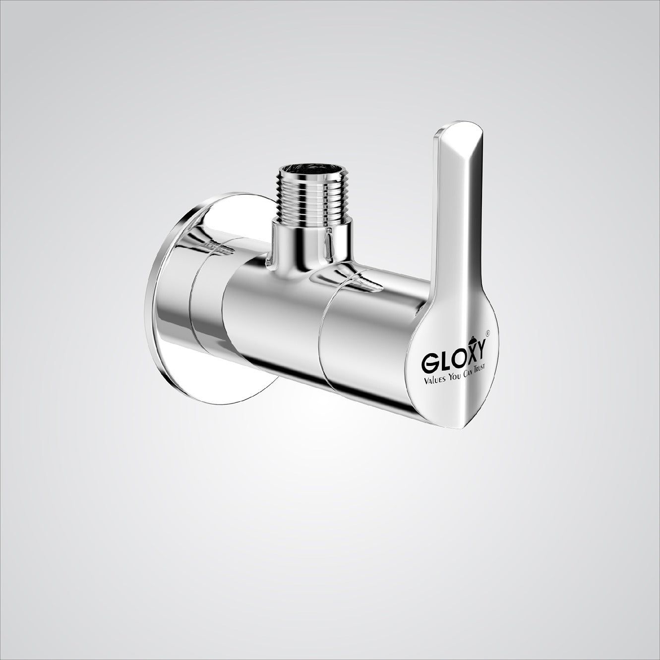 Chrome shower valve with 'Gloxy' branding on a gray background