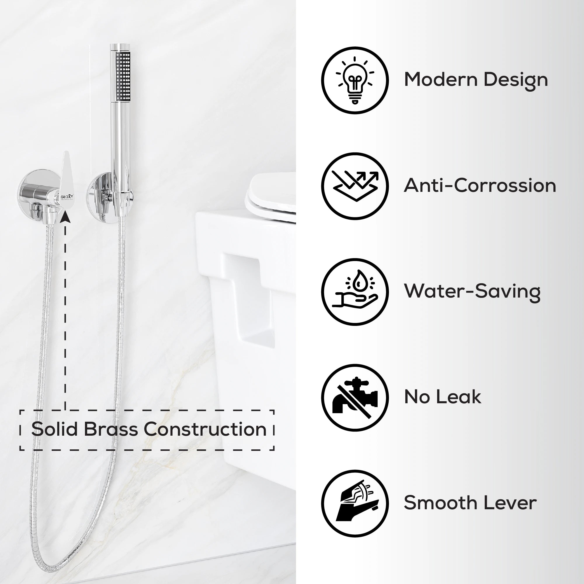 angle valbe and shower head with rail on white background and feature icons.