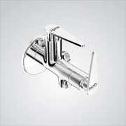 A chrome finish brass angle valve with two handles, branded by GLOXY, designed for connecting washing machines, hand showers, and health faucets.