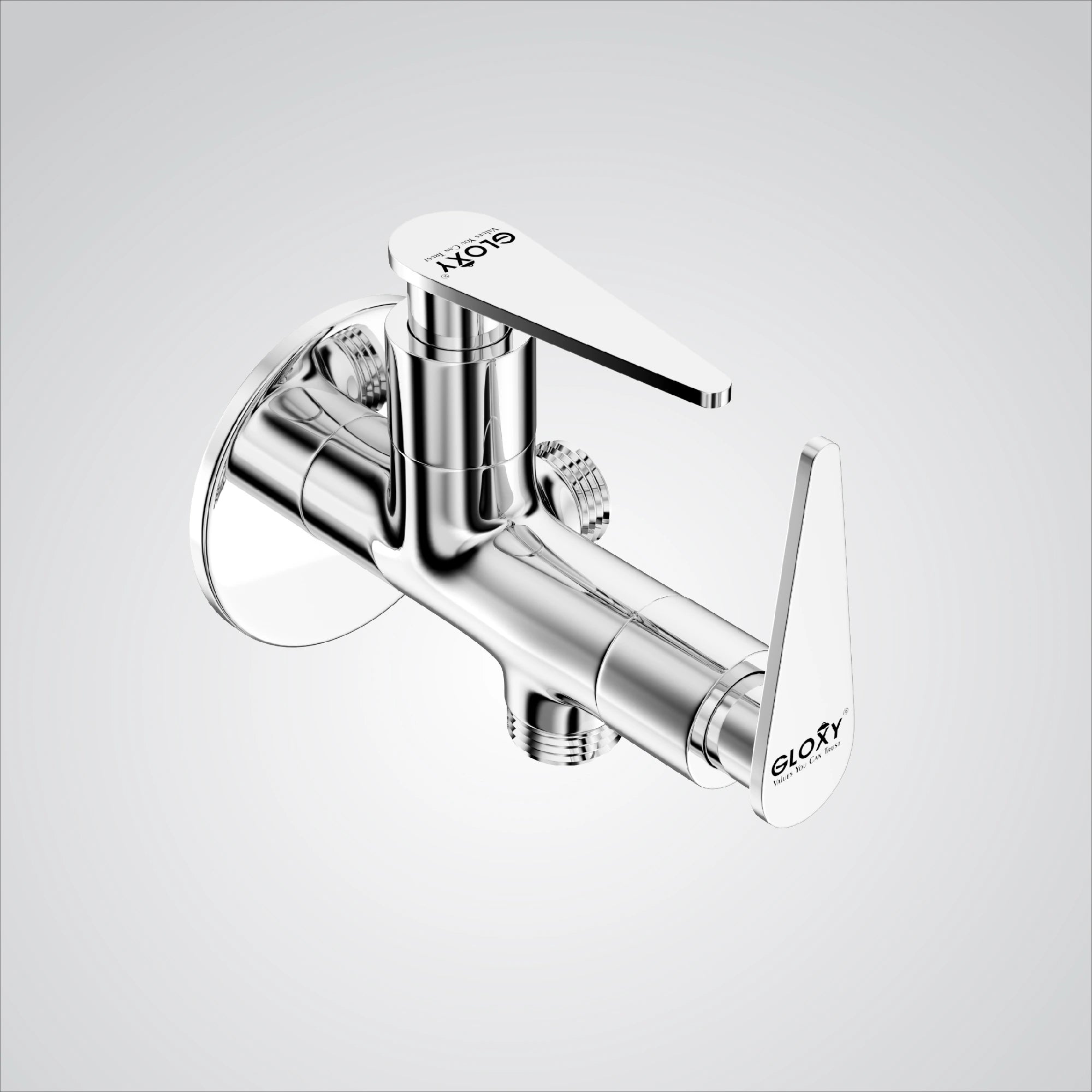 A chrome finish brass angle valve with two handles, branded by GLOXY, designed for connecting washing machines, hand showers, and health faucets.