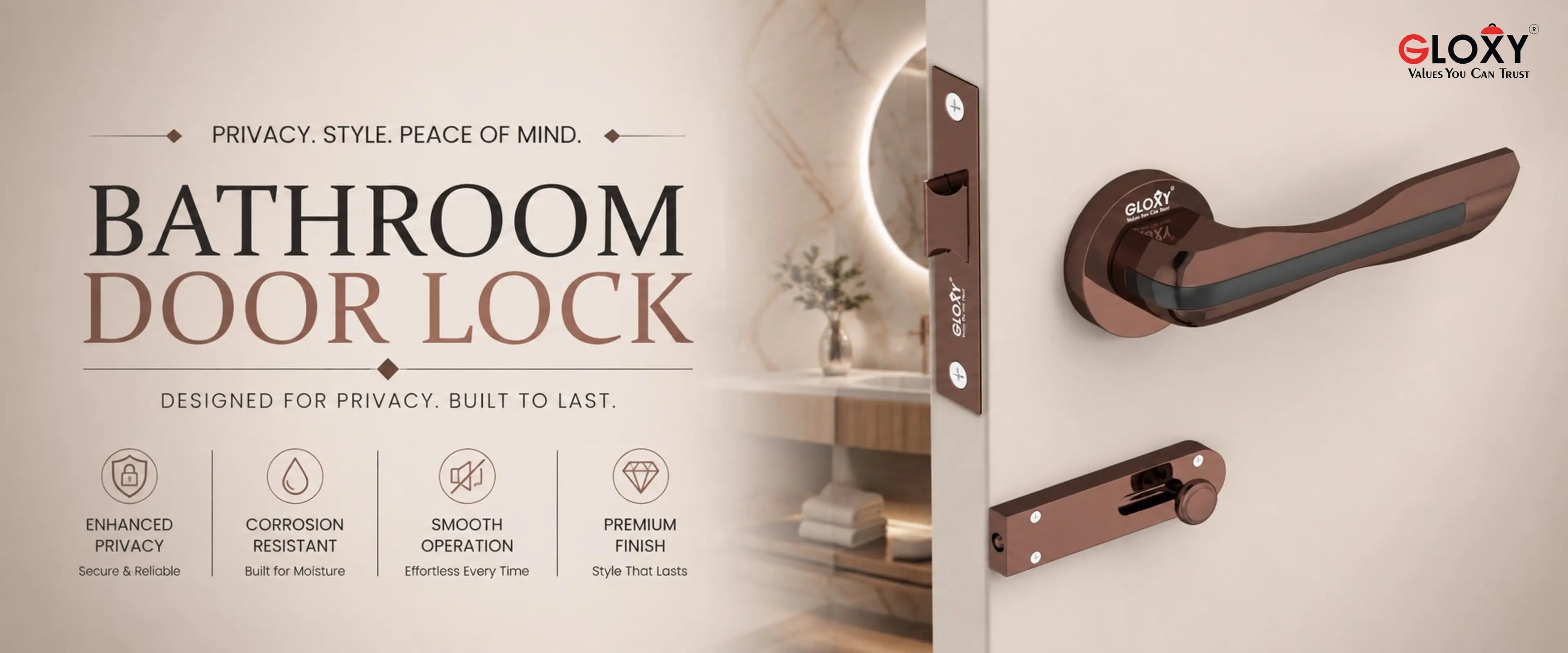 A bathroom door lock set shown mounted on a cream-colored door, with a matching lock cylinder and lever handle. The left side features promotional text reading 'BATHROOM DOOR LOCK' and feature icons, while the right side shows the lock hardware in a clean interior setting.