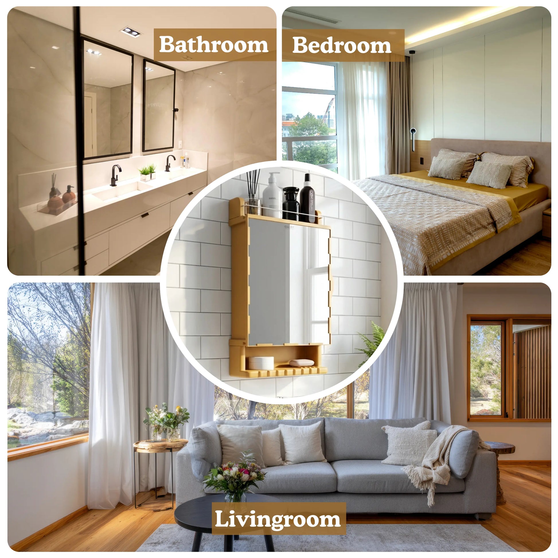 Collage of a bathroom, bedroom, and living room with labeled sections.