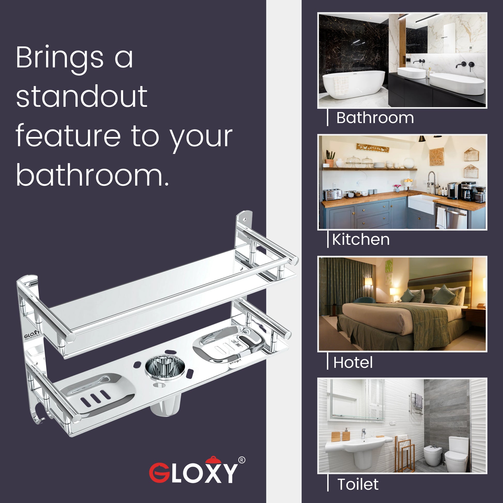 Gloxy Stainless Steel 2-Layer Chrome Finish Bathroom Shelf with Soap Dish,Tumbler Holder,Hooks