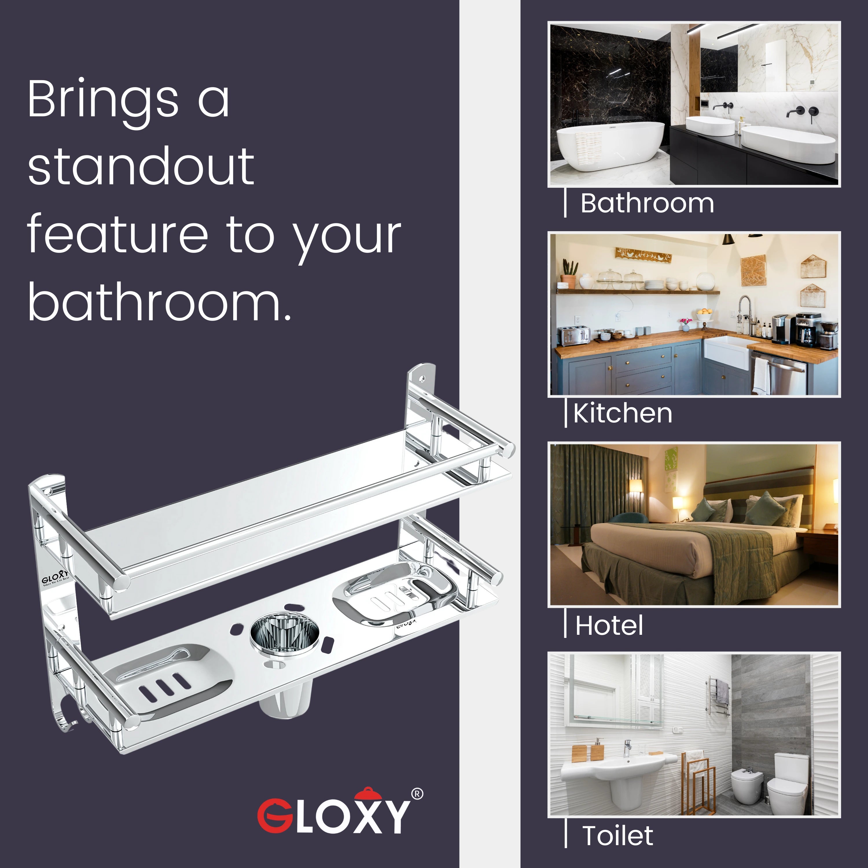 Gloxy Stainless Steel 2-Layer Chrome Finish Bathroom Shelf with Soap Dish,Tumbler Holder,Hooks