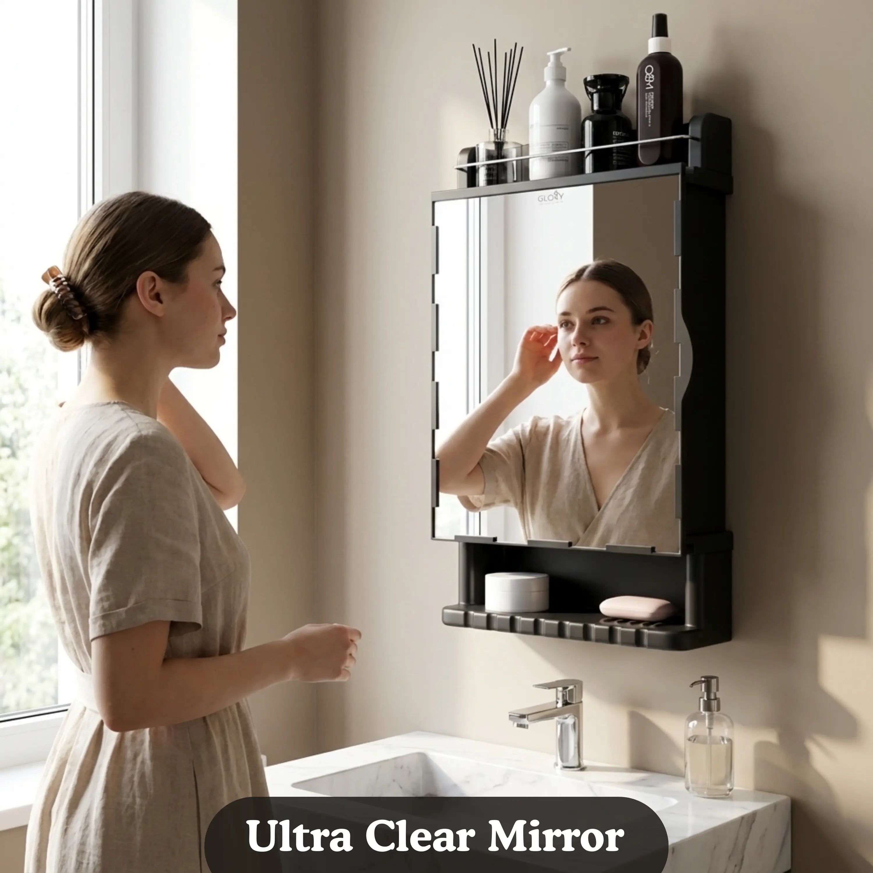 Woman applying makeup in front of a bathroom mirror with ultra clear glass