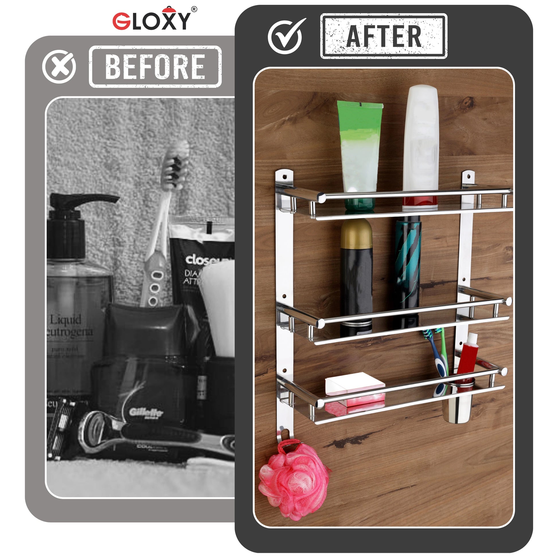 Gloxy Stainless Steel 3-Layer Chrome Finish Bathroom Shelf with Soap Dish,Toothbrush Holder & Hooks