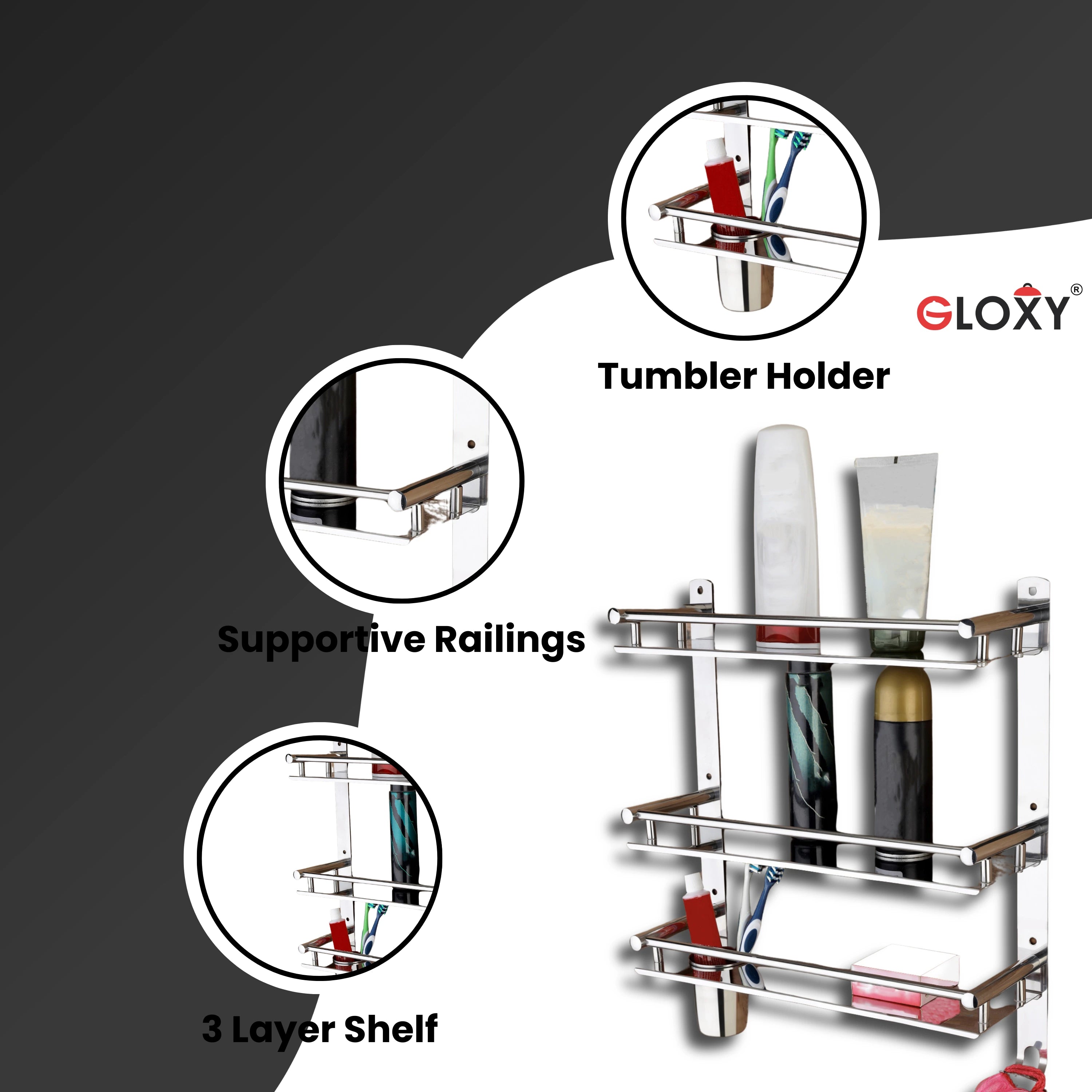 Gloxy Stainless Steel 3-Layer Chrome Finish Bathroom Shelf with Soap Dish,Toothbrush Holder & Hooks