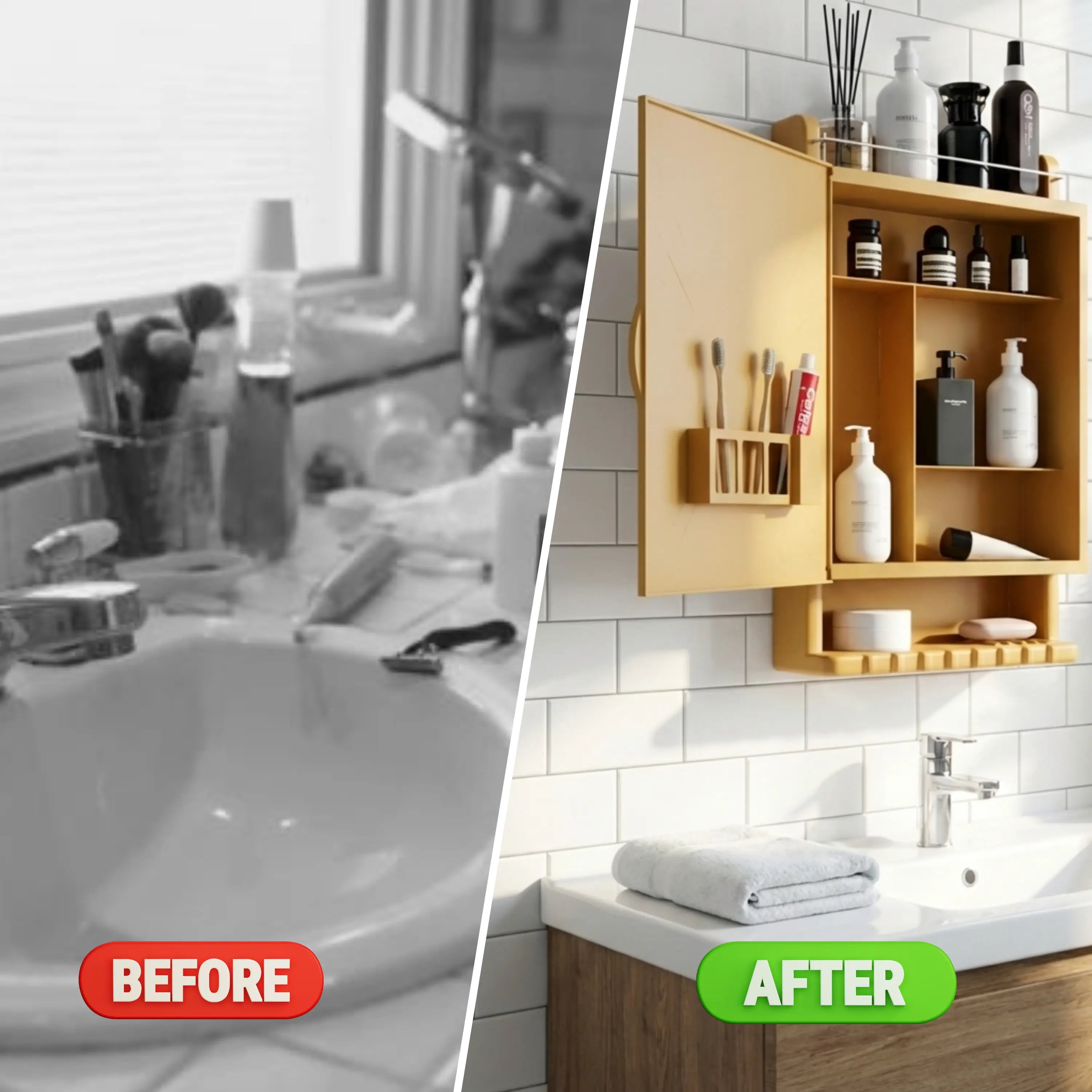Before and after comparison of a bathroom setup with a wooden cabinet.