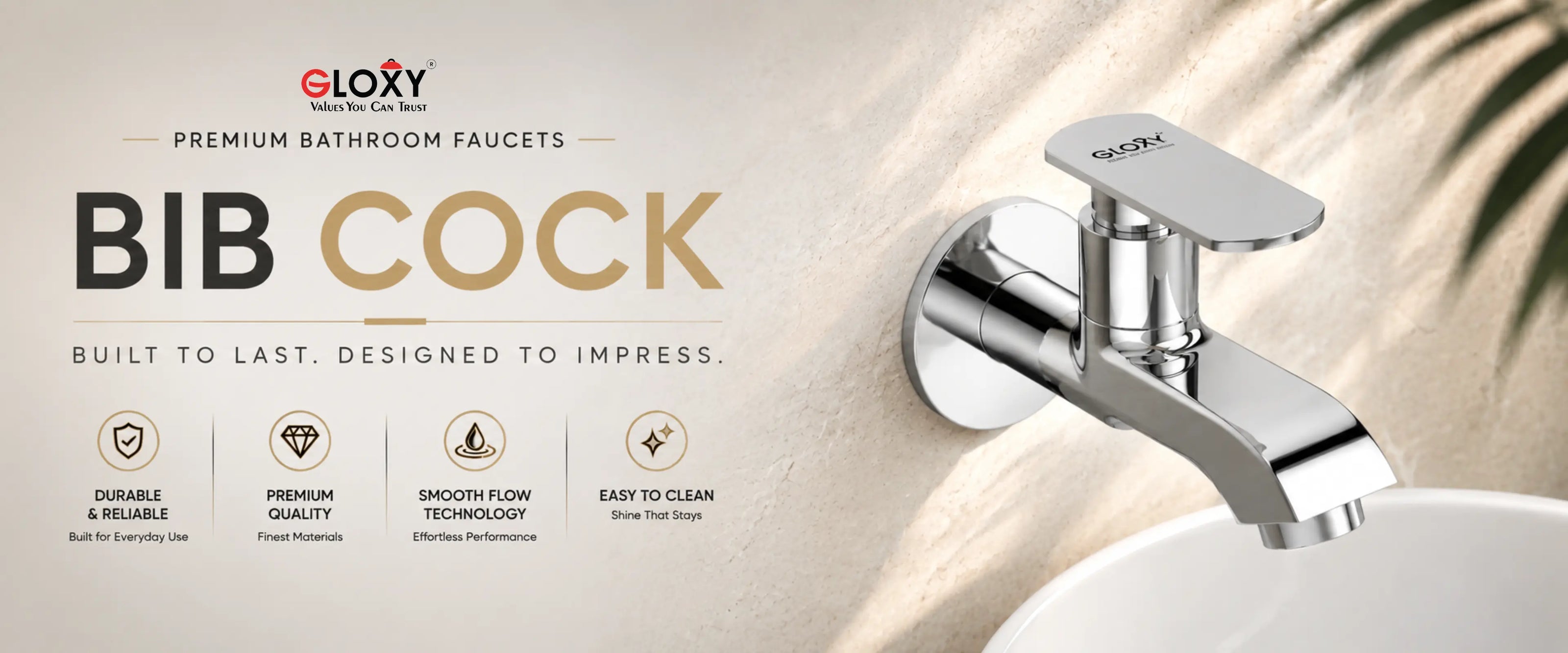 A polished chrome bathroom faucet mounted on a beige wall beside a white sink, with large text reading 'BIB COCK' and smaller text 'PREMIUM BATHROOM FAUCETS' and 'GLOXY' at the top. The scene is a styled product marketing image rather than a plain studio packshot.