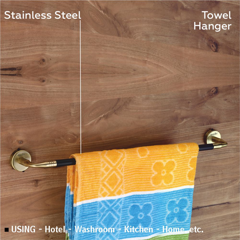 A stainless steel towel hanger with a black finish, mounted on a wooden wall, displaying a multicolored towel.