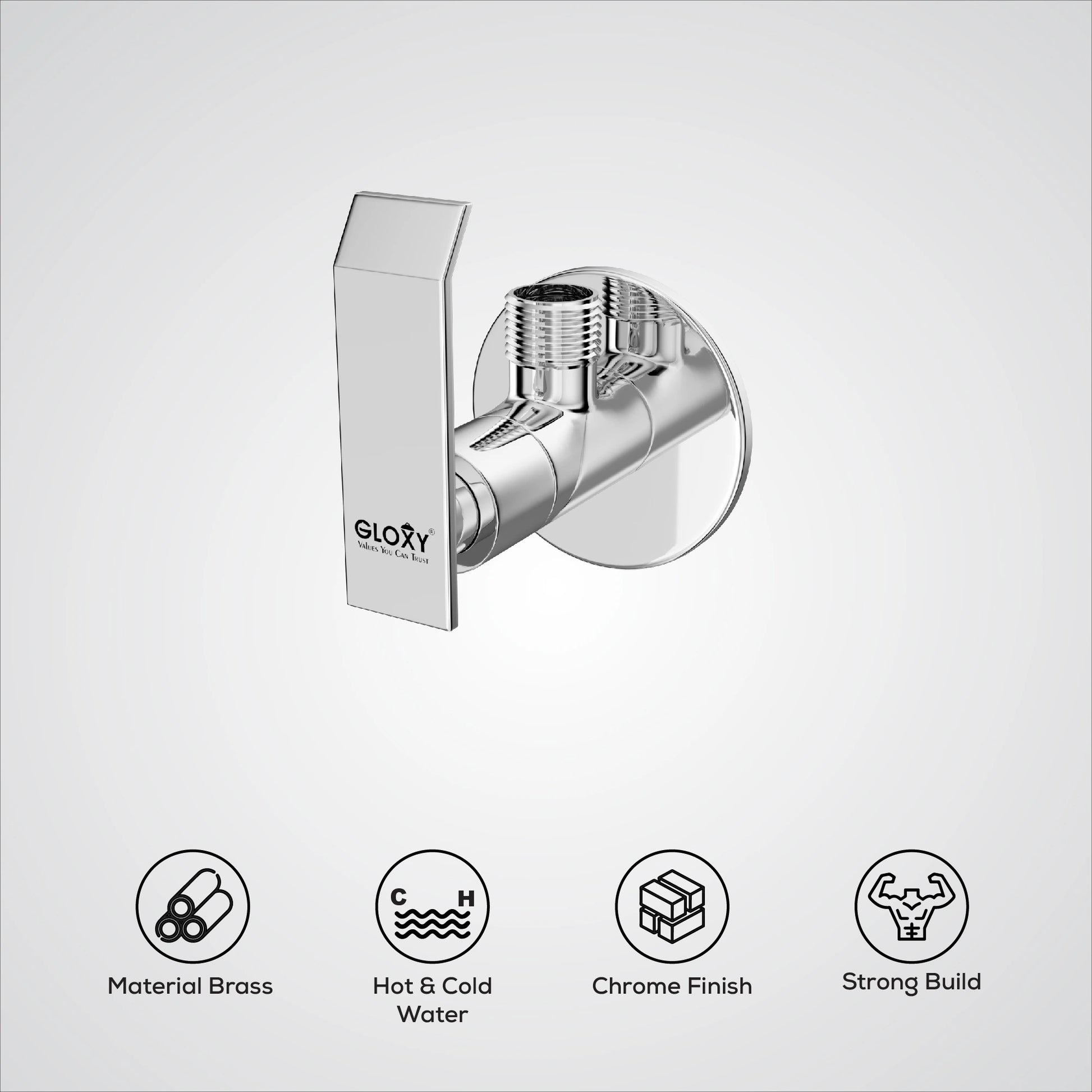 Chrome shower valve on a white background with feature icons.