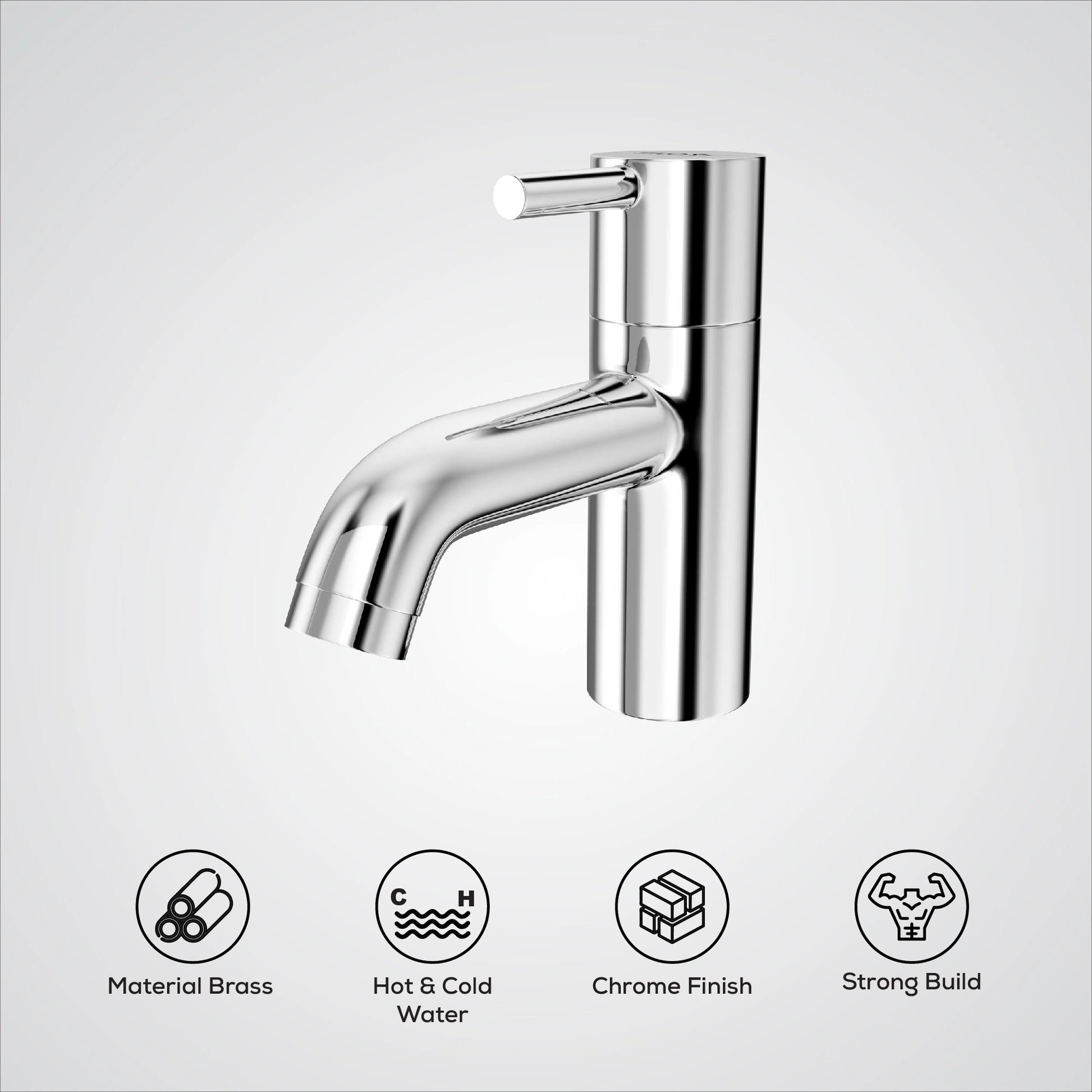 Chrome faucet on a white background with feature icons.