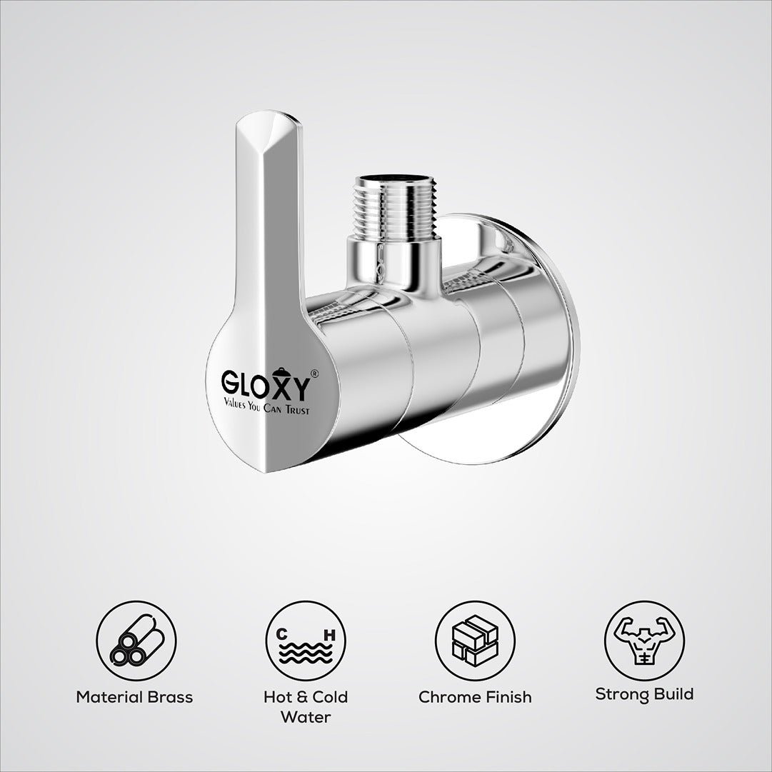 Chrome shower valve with Gloxy branding on a white background