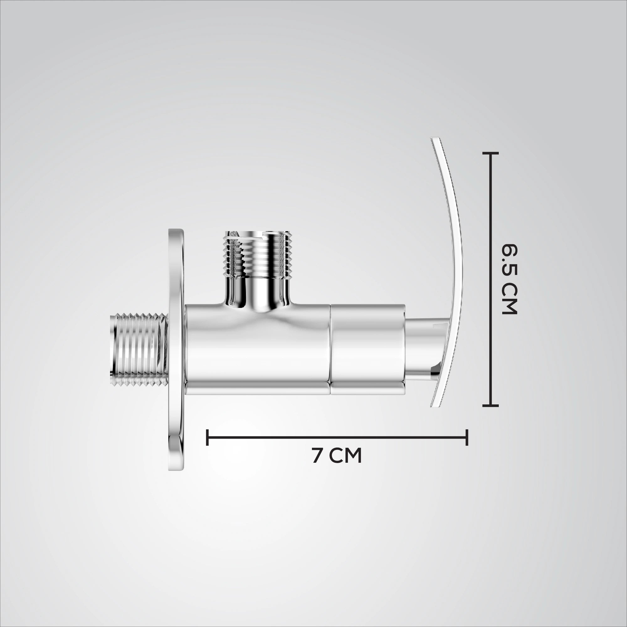 Chrome valve with measurements on a gray background