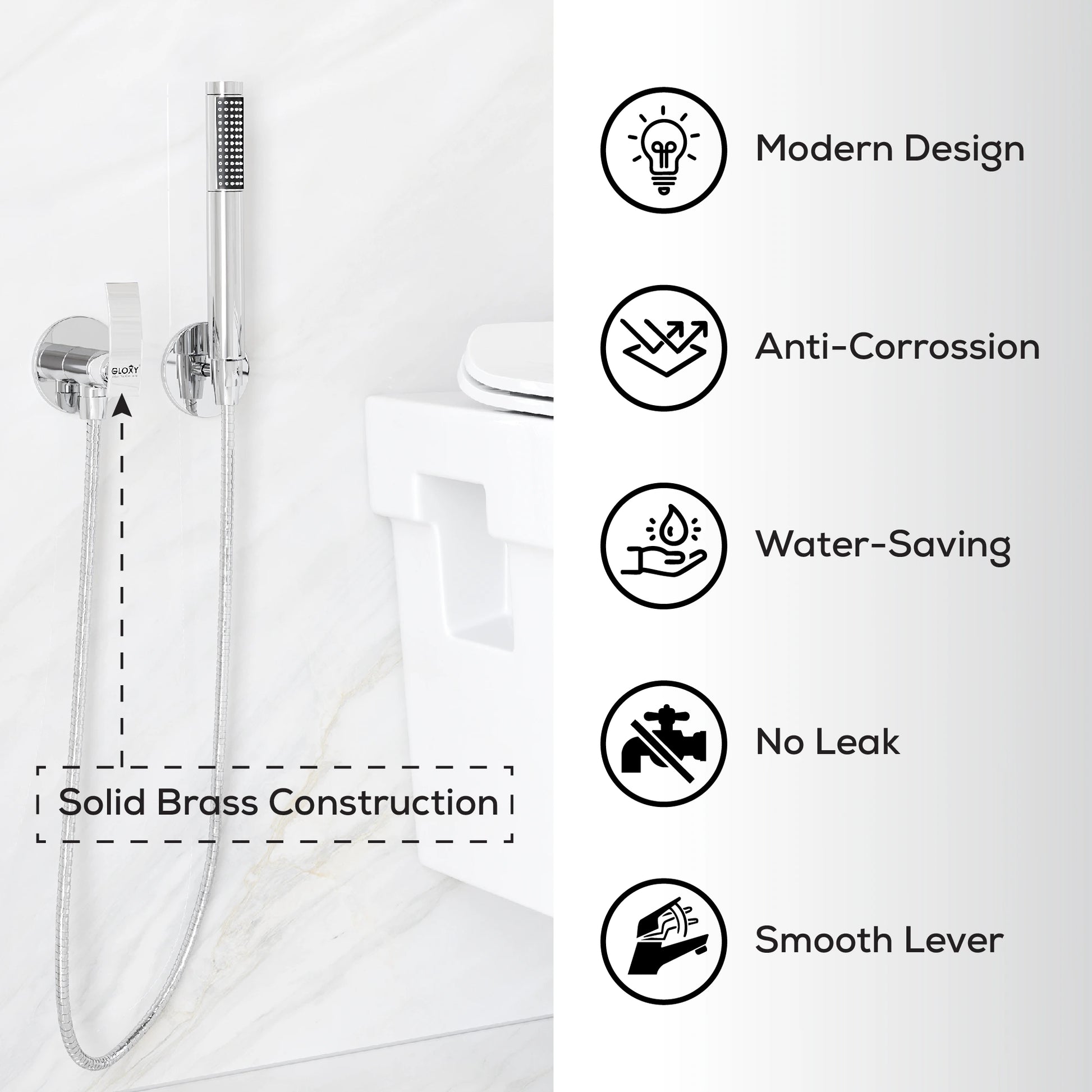 Shower system with feature icons on a white background
