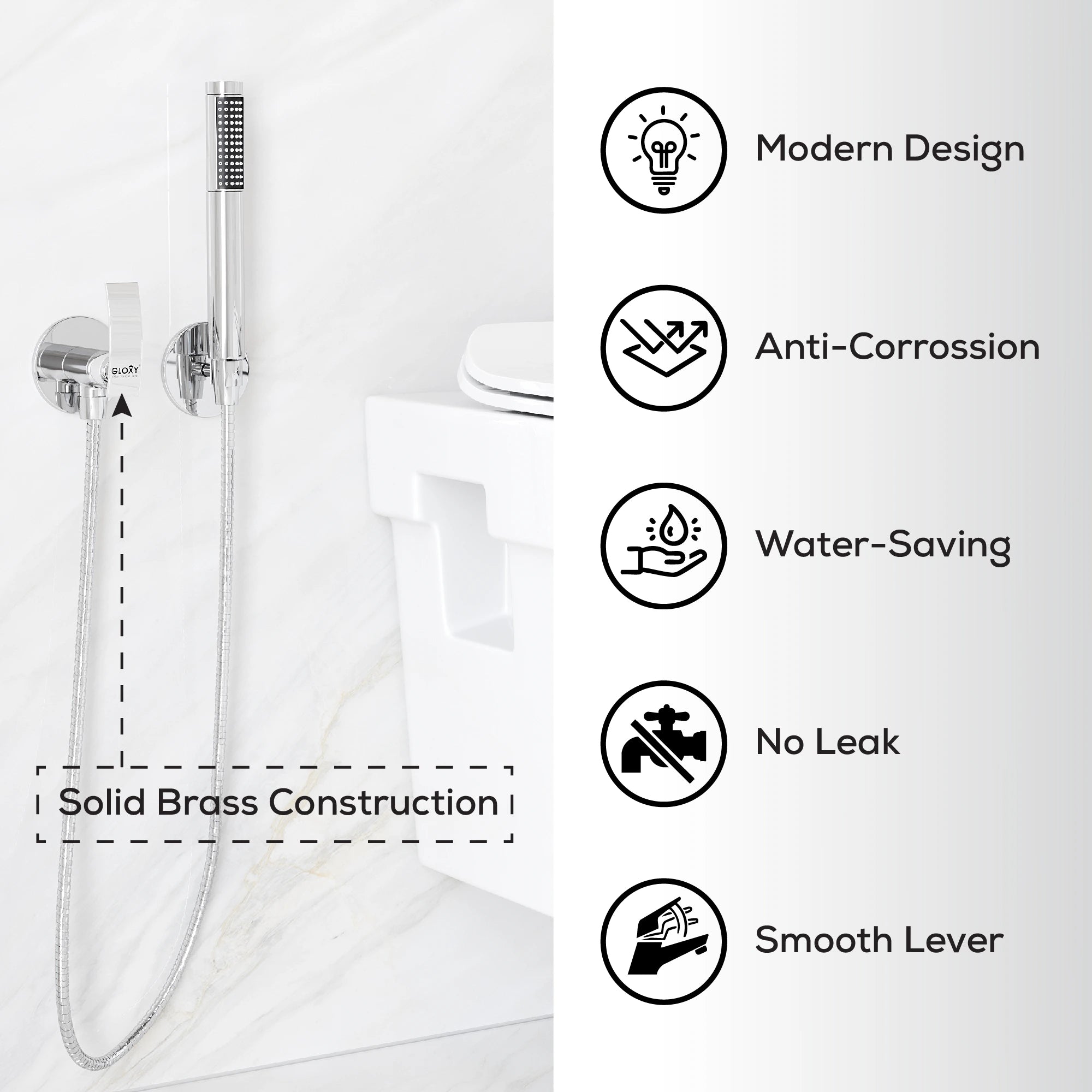 Shower system with feature icons on a white background