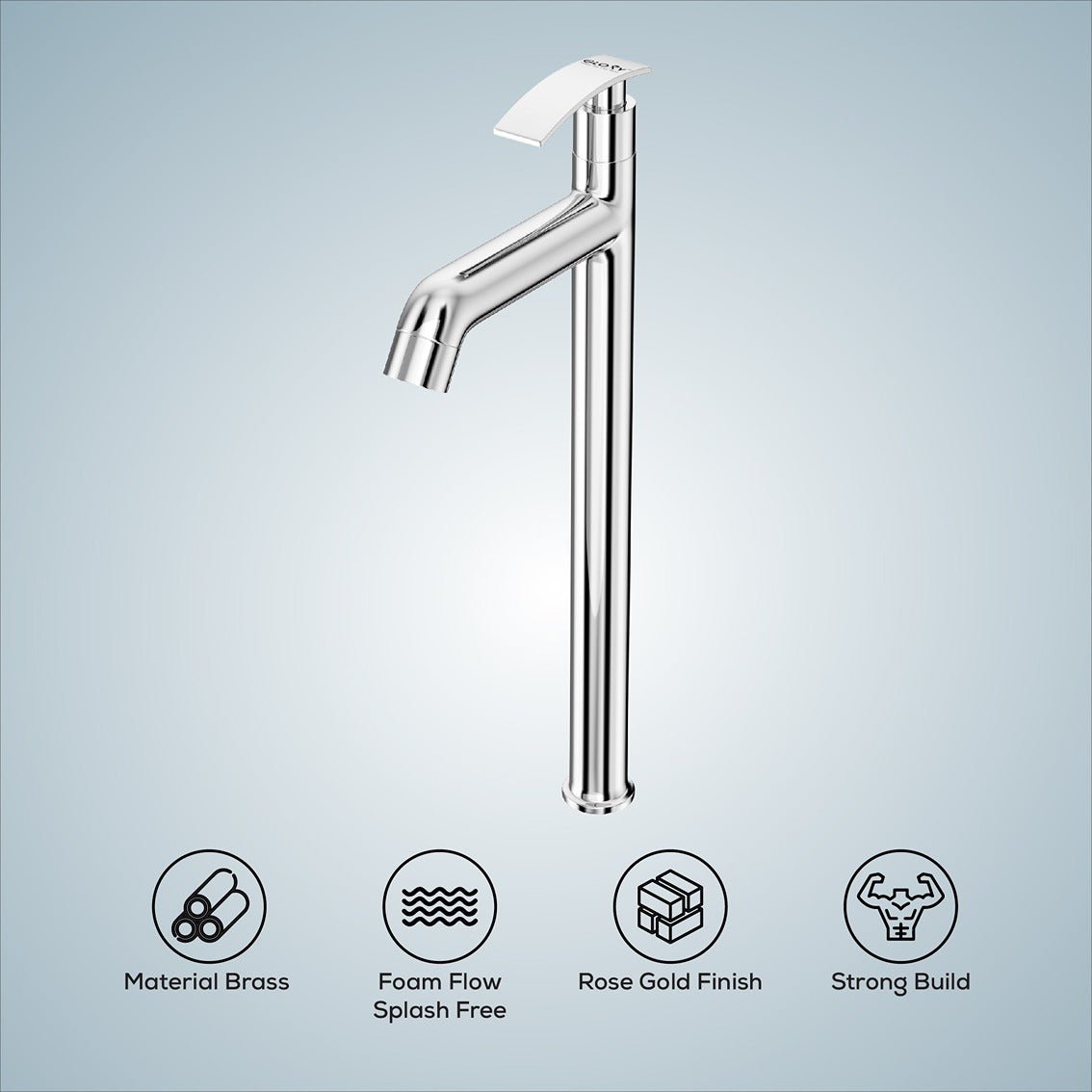 Chrome kitchen faucet with feature icons on a light blue background