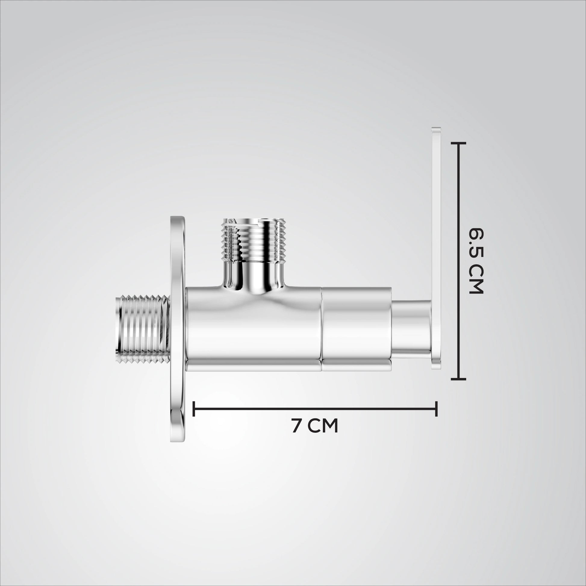 Chrome valve with dimensions marked on a gray background