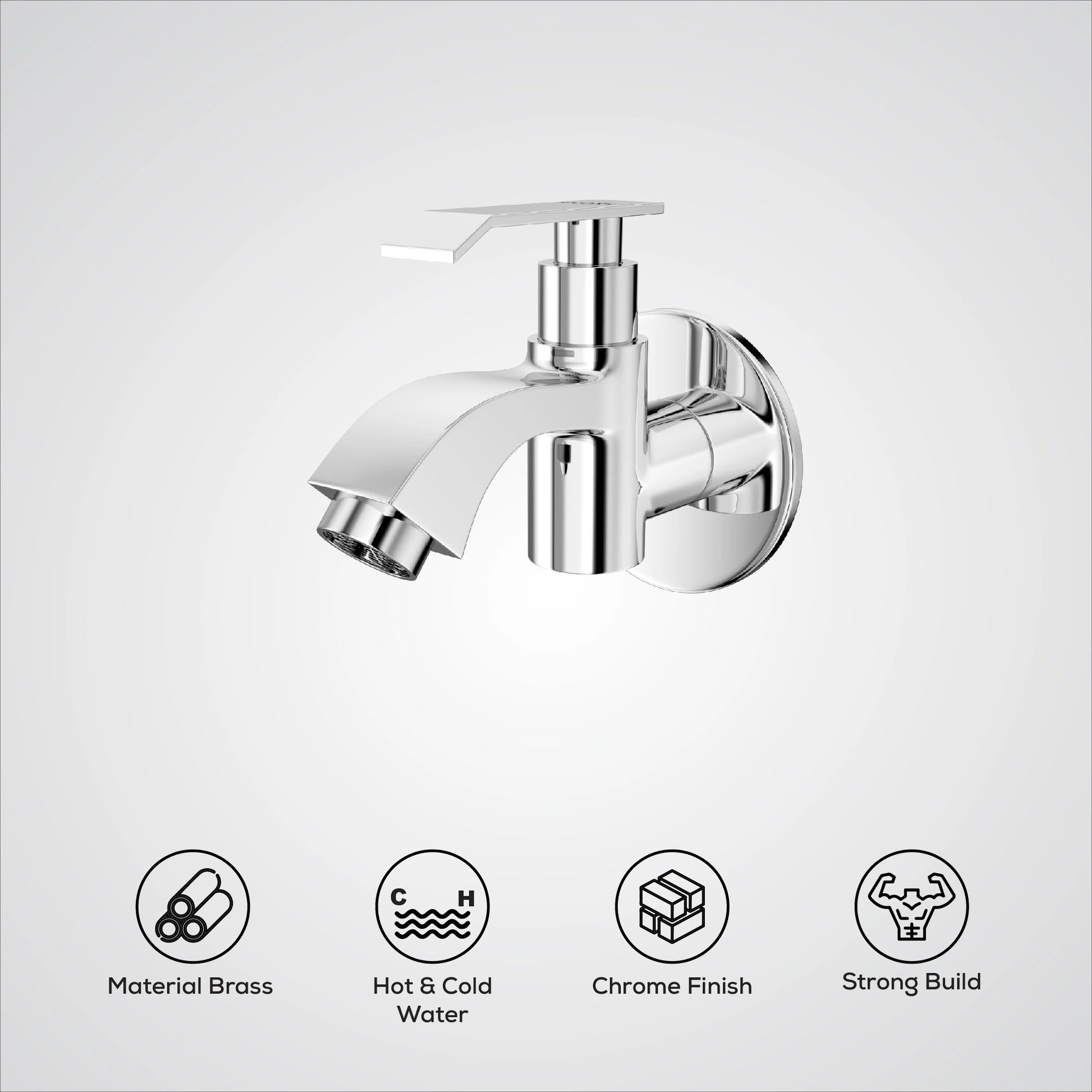 Chrome faucet on a white background with feature icons.