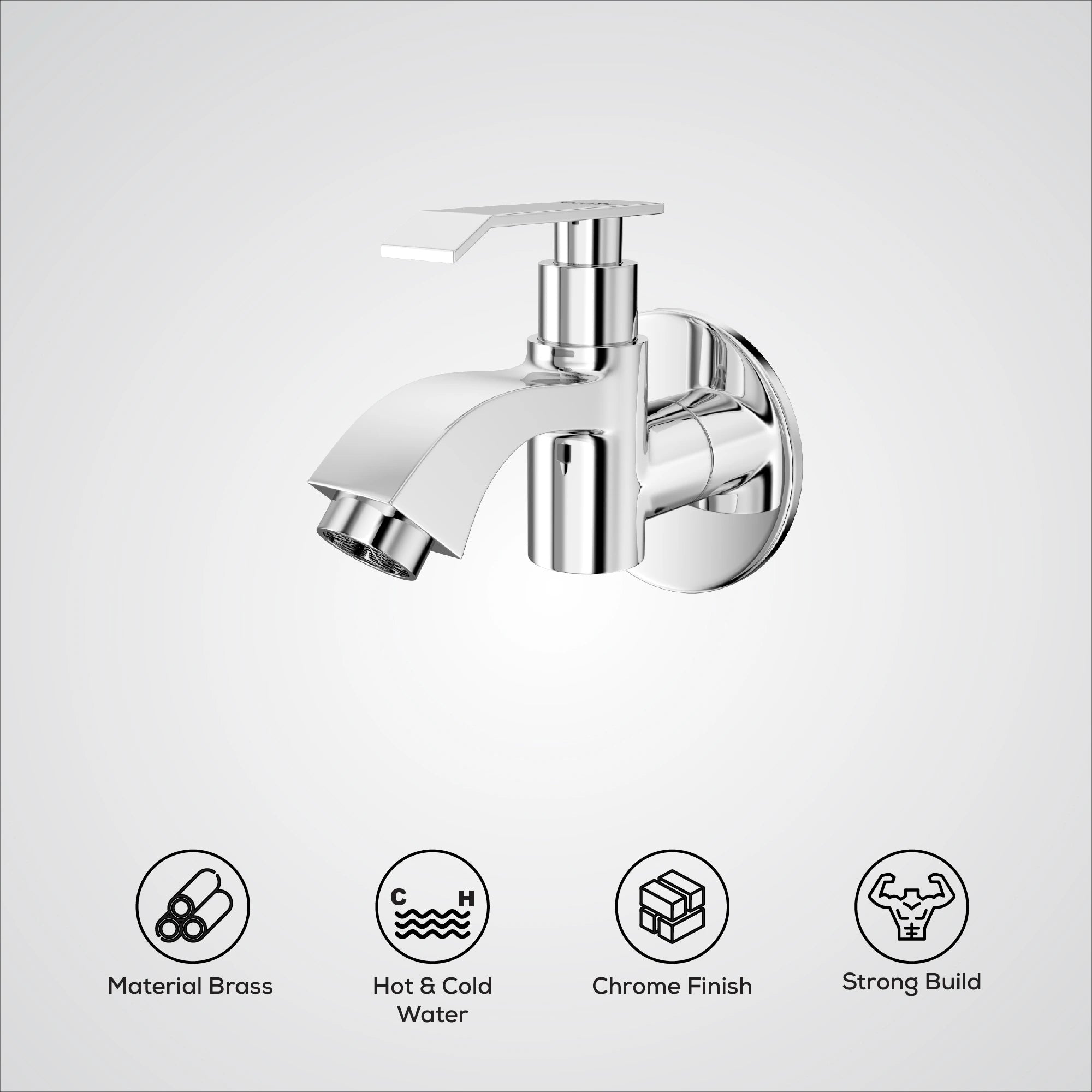 Chrome faucet on a white background with feature icons.