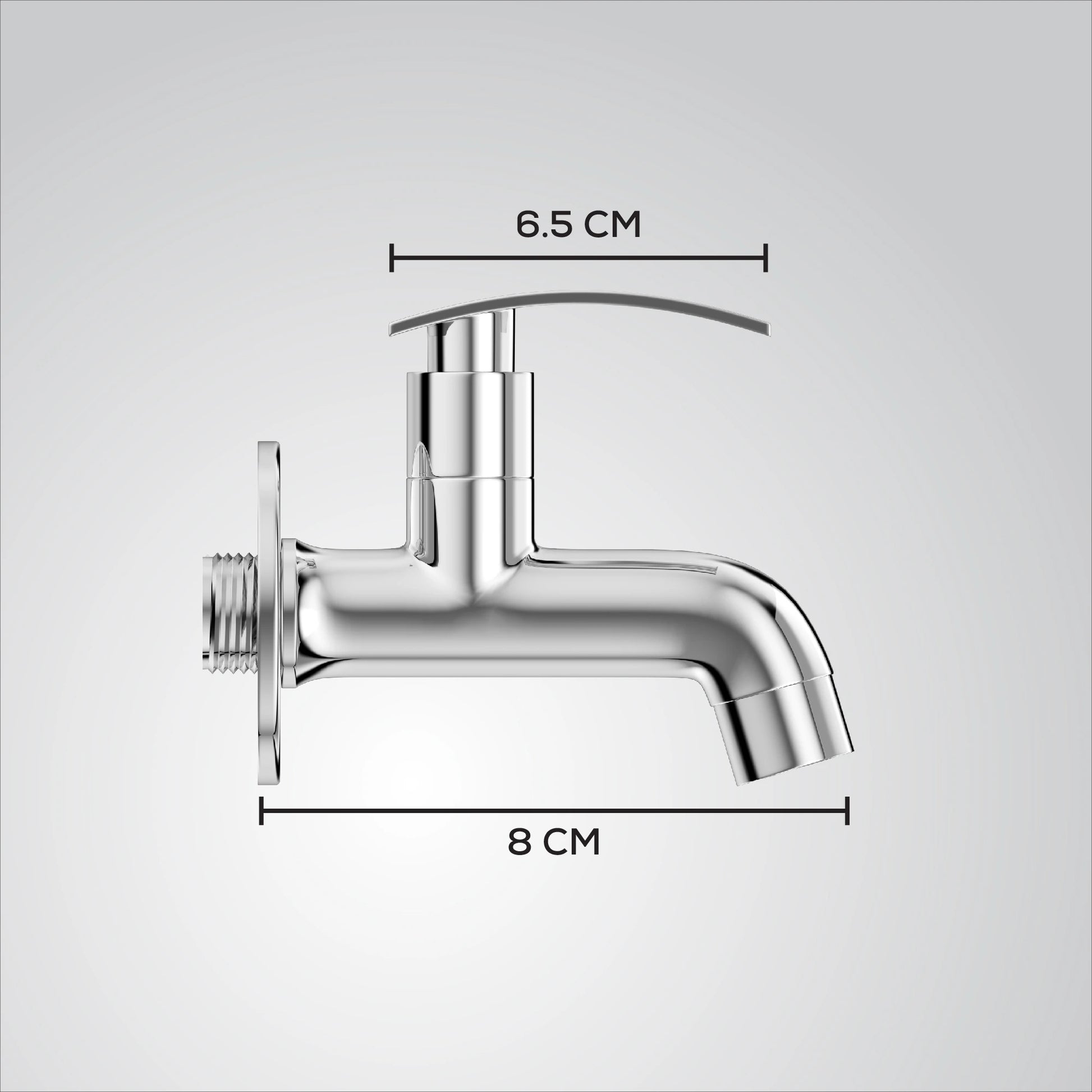 Chrome faucet with measurements on a gray background