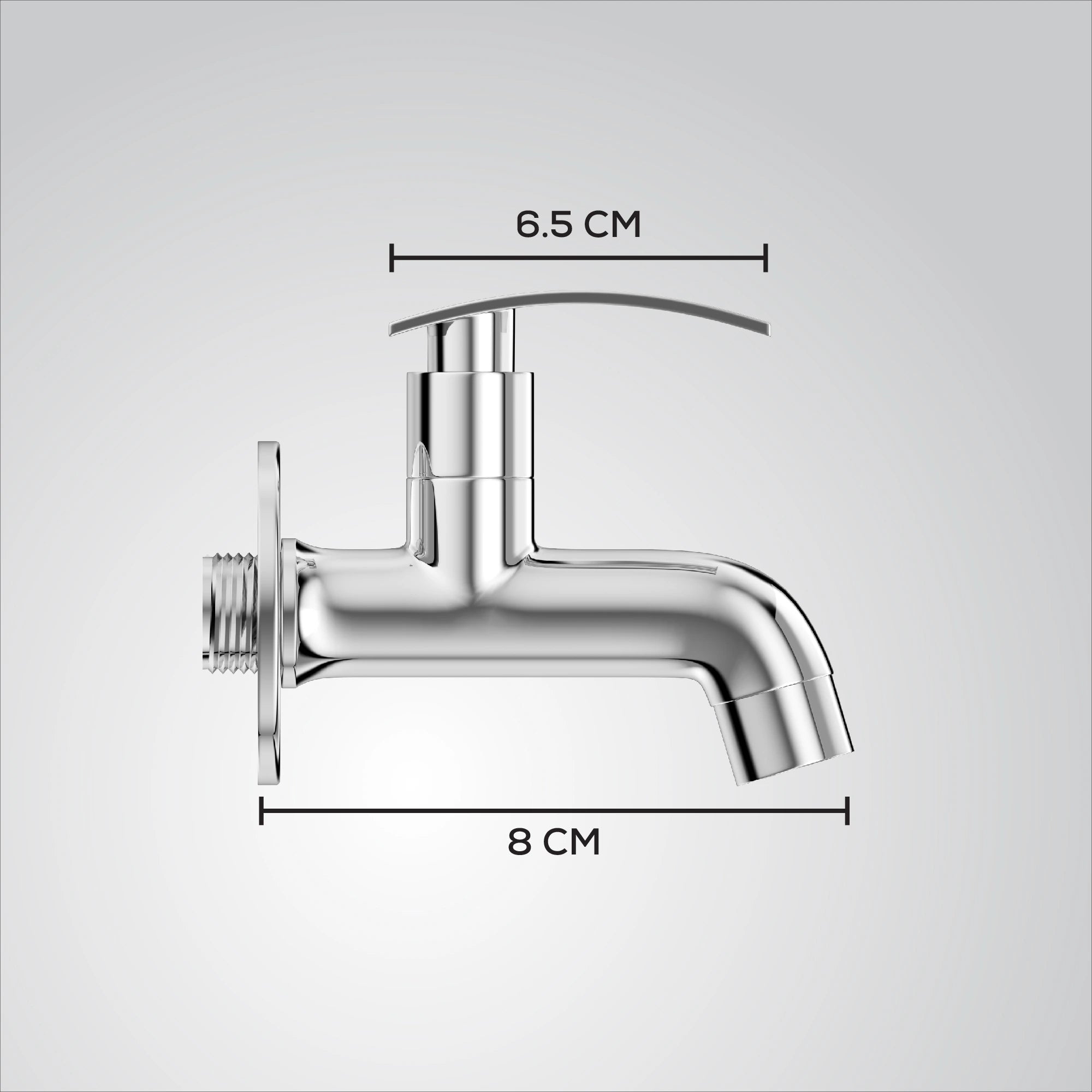 Chrome faucet with measurements on a gray background