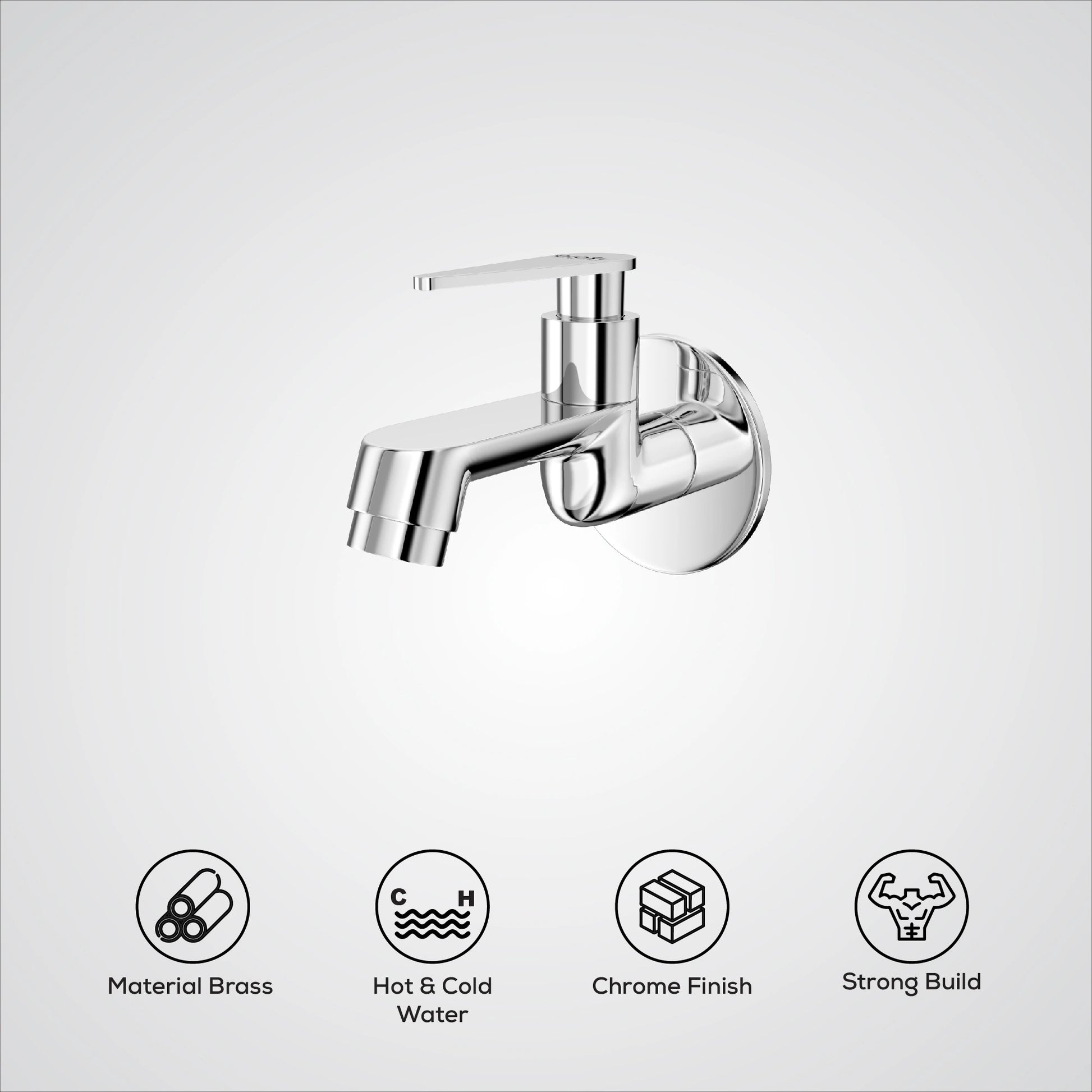 Chrome faucet on a white background with feature icons.